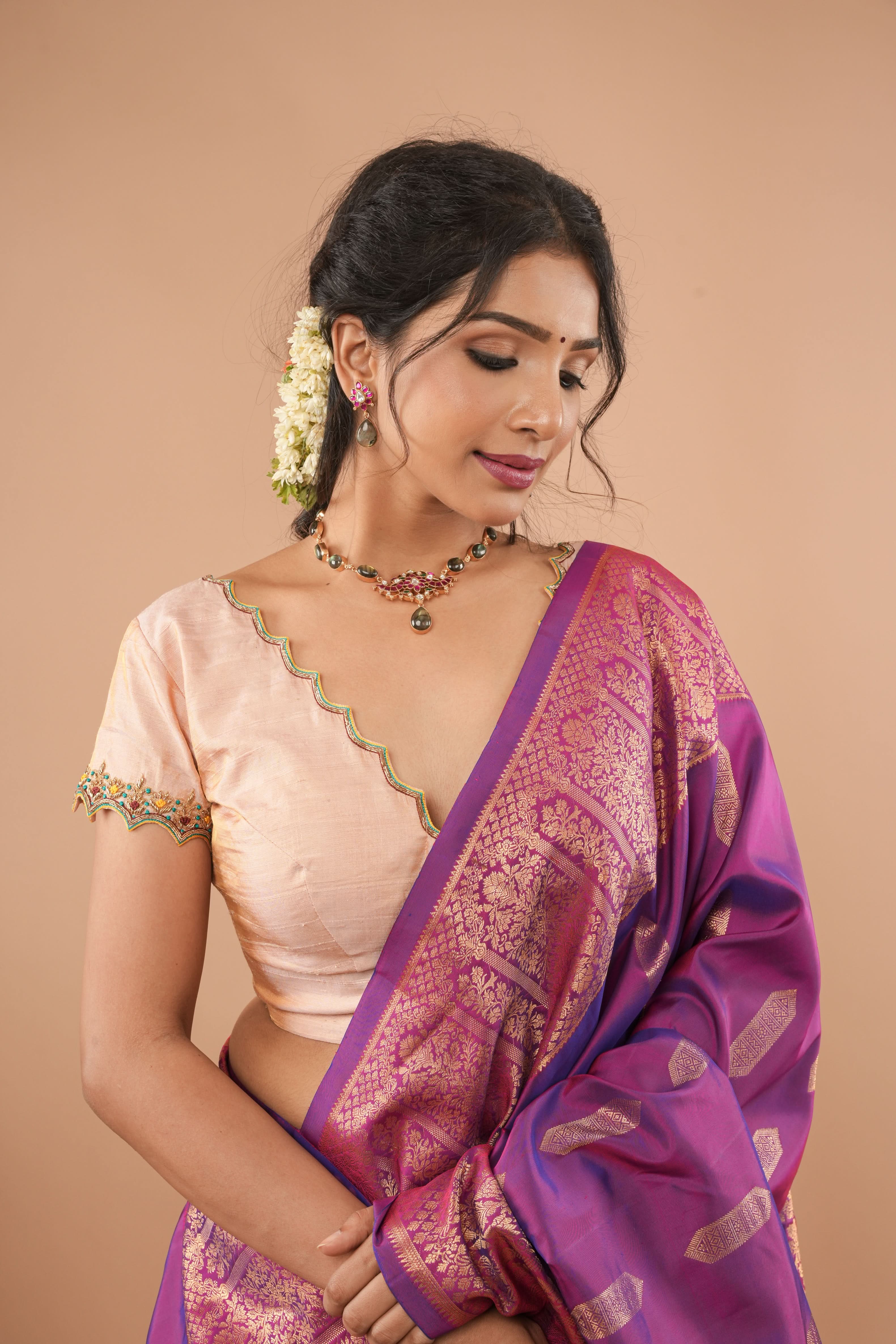 BLOUSE : Sandalwood Pure Tissue Raw Silk Blouse with scalloped hand embroidery, Customizable, Made to Order | Shobitam