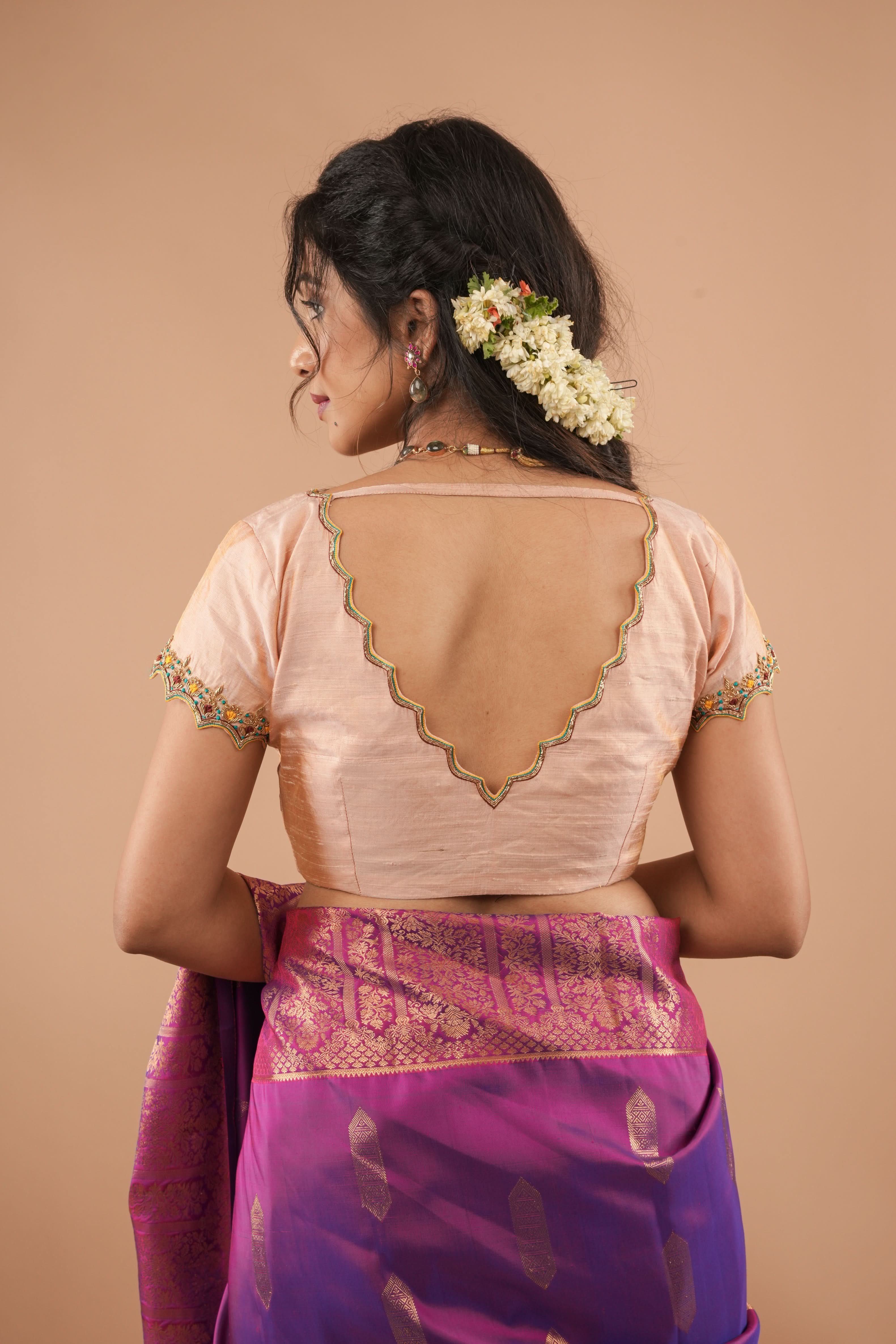 BLOUSE : Sandalwood Pure Tissue Raw Silk Blouse with scalloped hand embroidery, Customizable, Made to Order | Shobitam