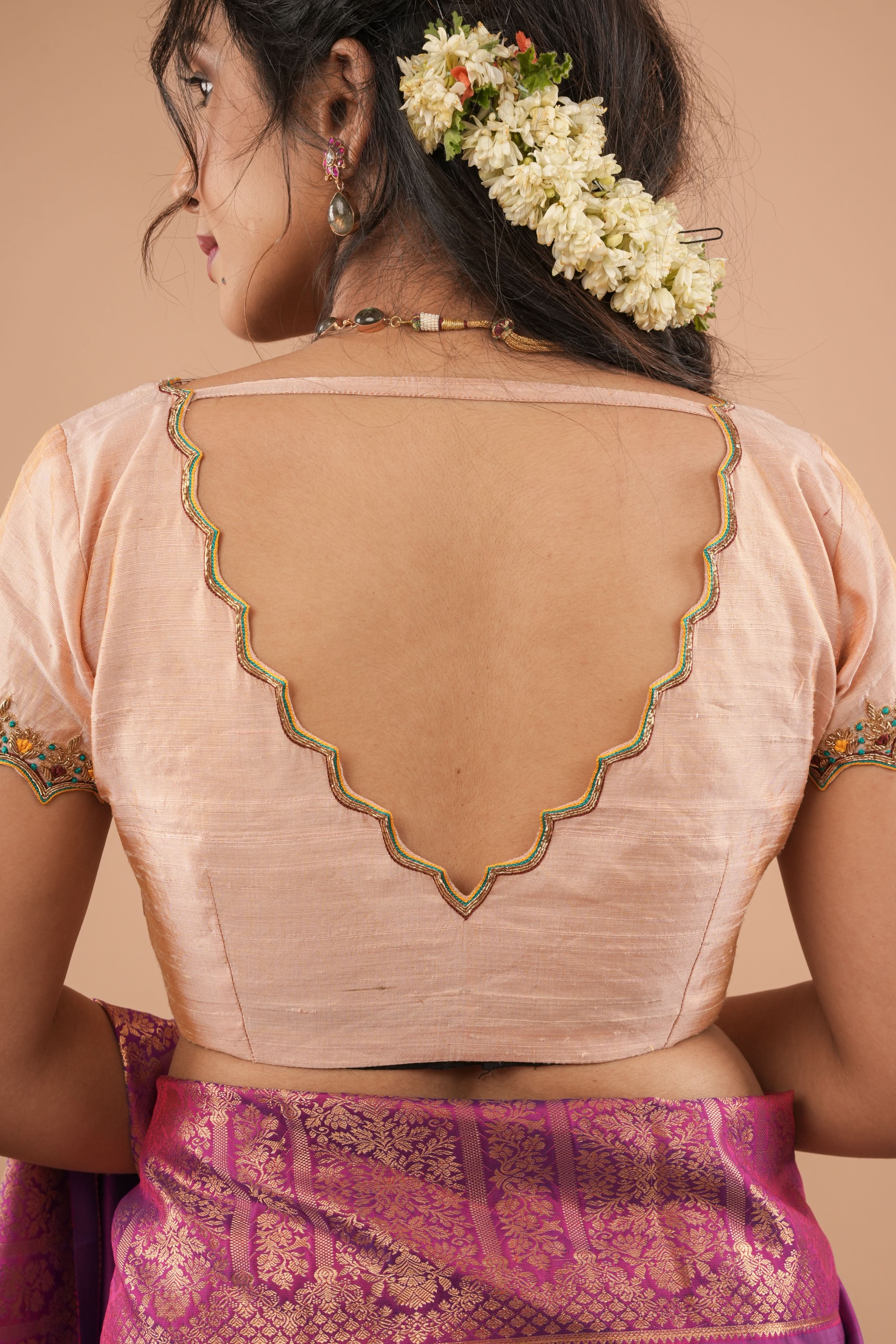 BLOUSE : Sandalwood Pure Tissue Raw Silk Blouse with scalloped hand embroidery, Customizable, Made to Order | Shobitam