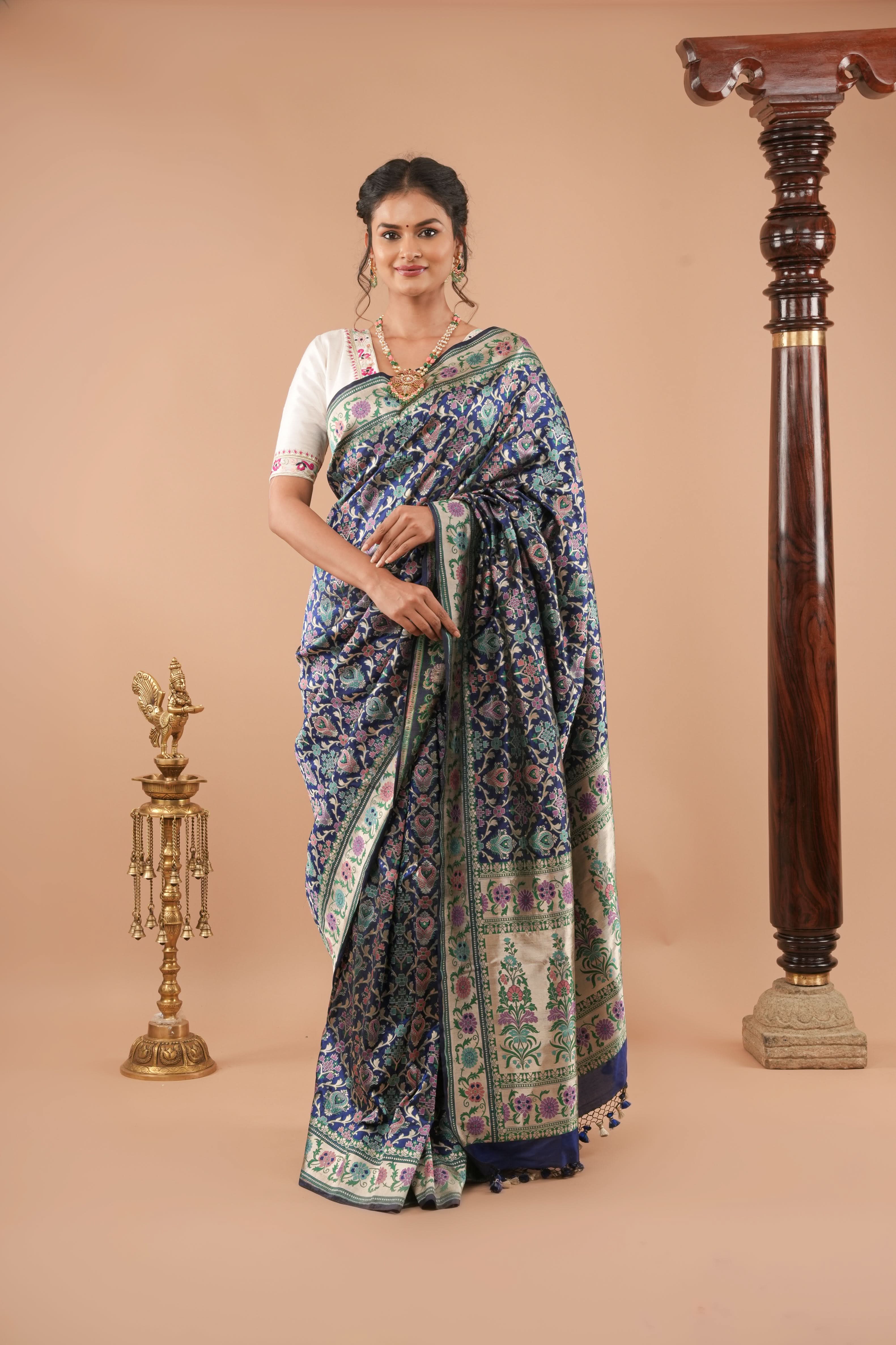 Exquisite Banarasi Patola Meenakari Katan Silk Saree in Blue with Intricate Pallu | SILK MARK CERTIFIED | Shobitam