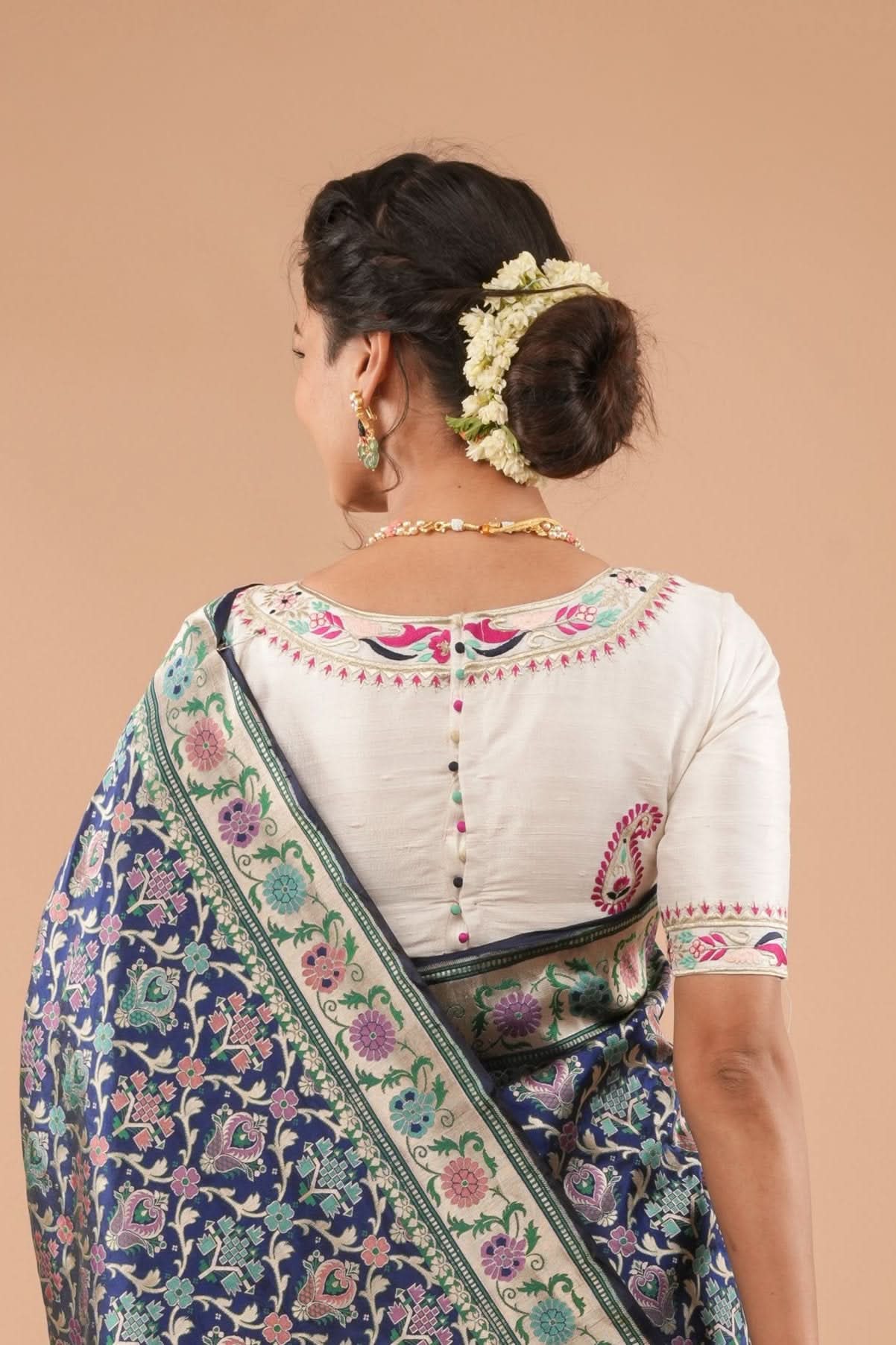 White Pure Raw Silk Blouse With Multicolor machine embroidery, Customizable, Made to order | Shobitam