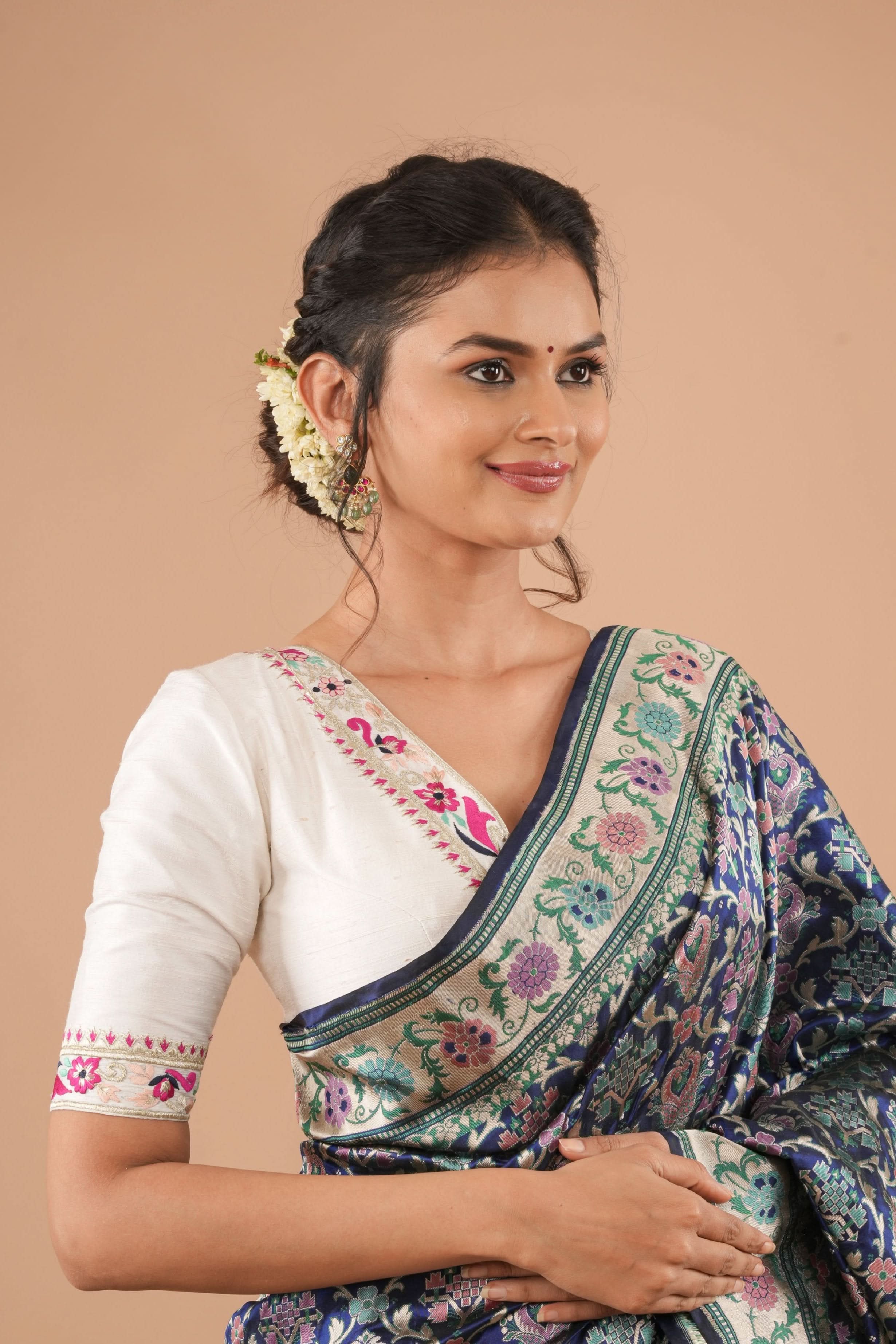 White Pure Raw Silk Blouse With Multicolor machine embroidery, Customizable, Made to order | Shobitam