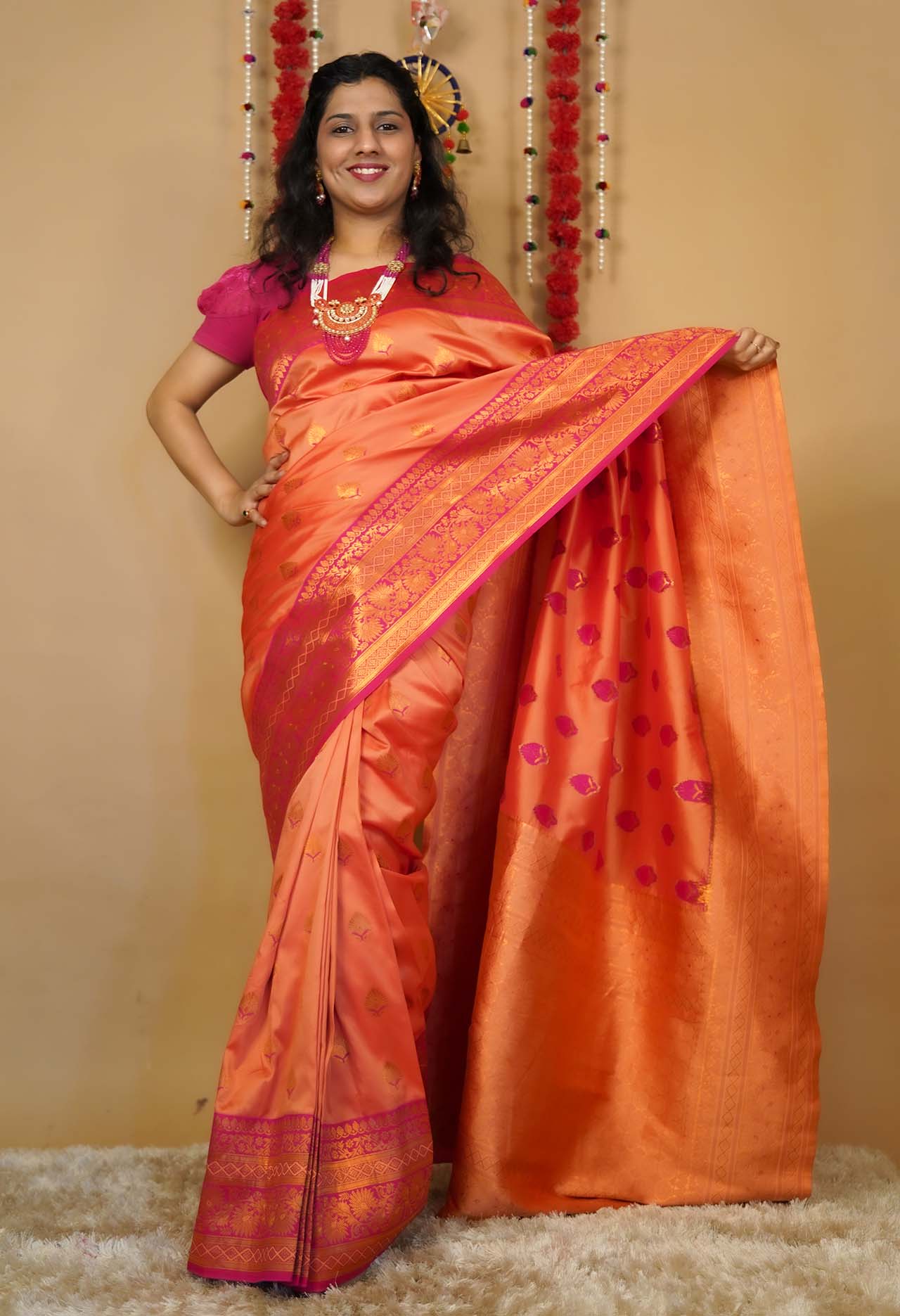 Beautiful Red Orange  Dhoop chaanv banarasi With ornate border and Pallu Wrap in one minute saree