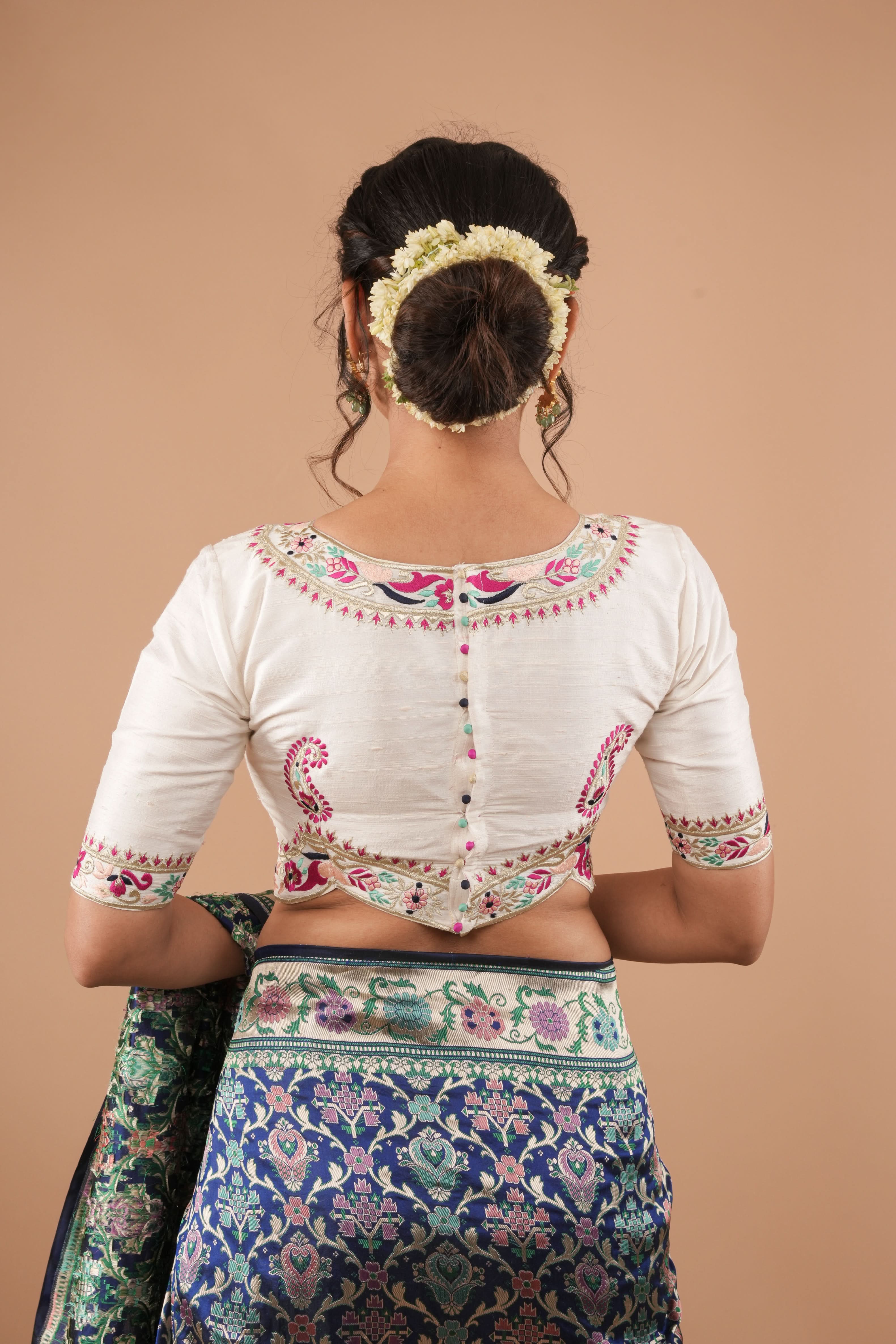 White Pure Raw Silk Blouse With Multicolor machine embroidery, Customizable, Made to order | Shobitam