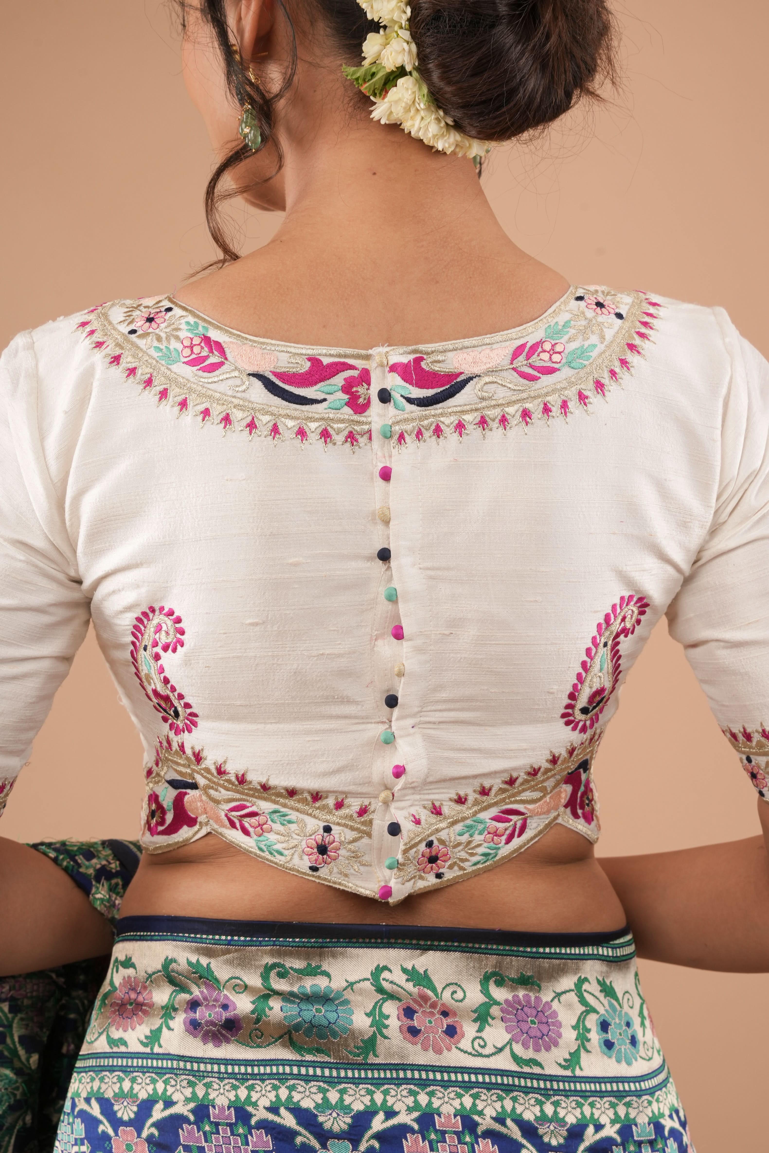 White Pure Raw Silk Blouse With Multicolor machine embroidery, Customizable, Made to order | Shobitam