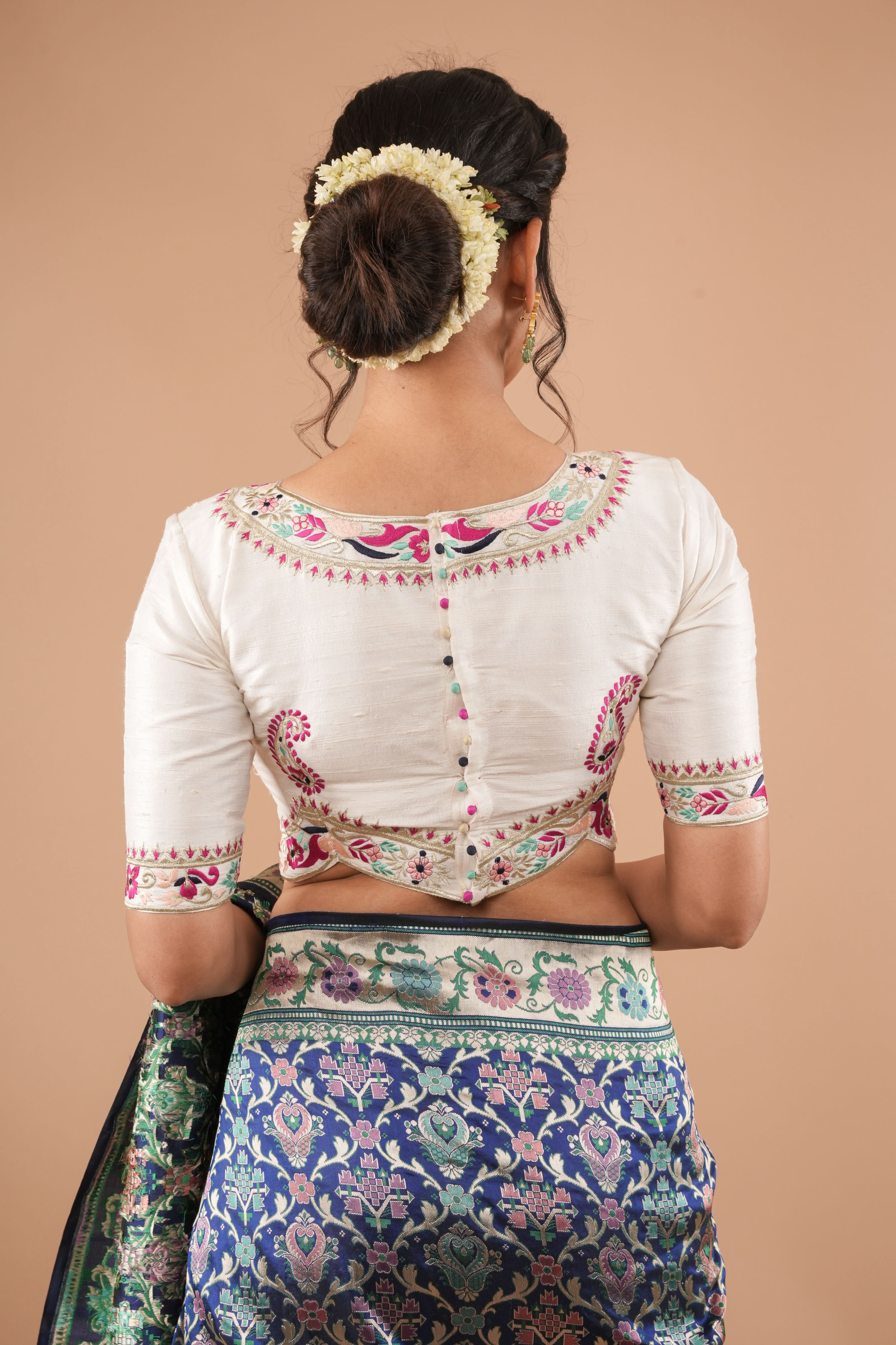 White Pure Raw Silk Blouse With Multicolor machine embroidery, Customizable, Made to order | Shobitam