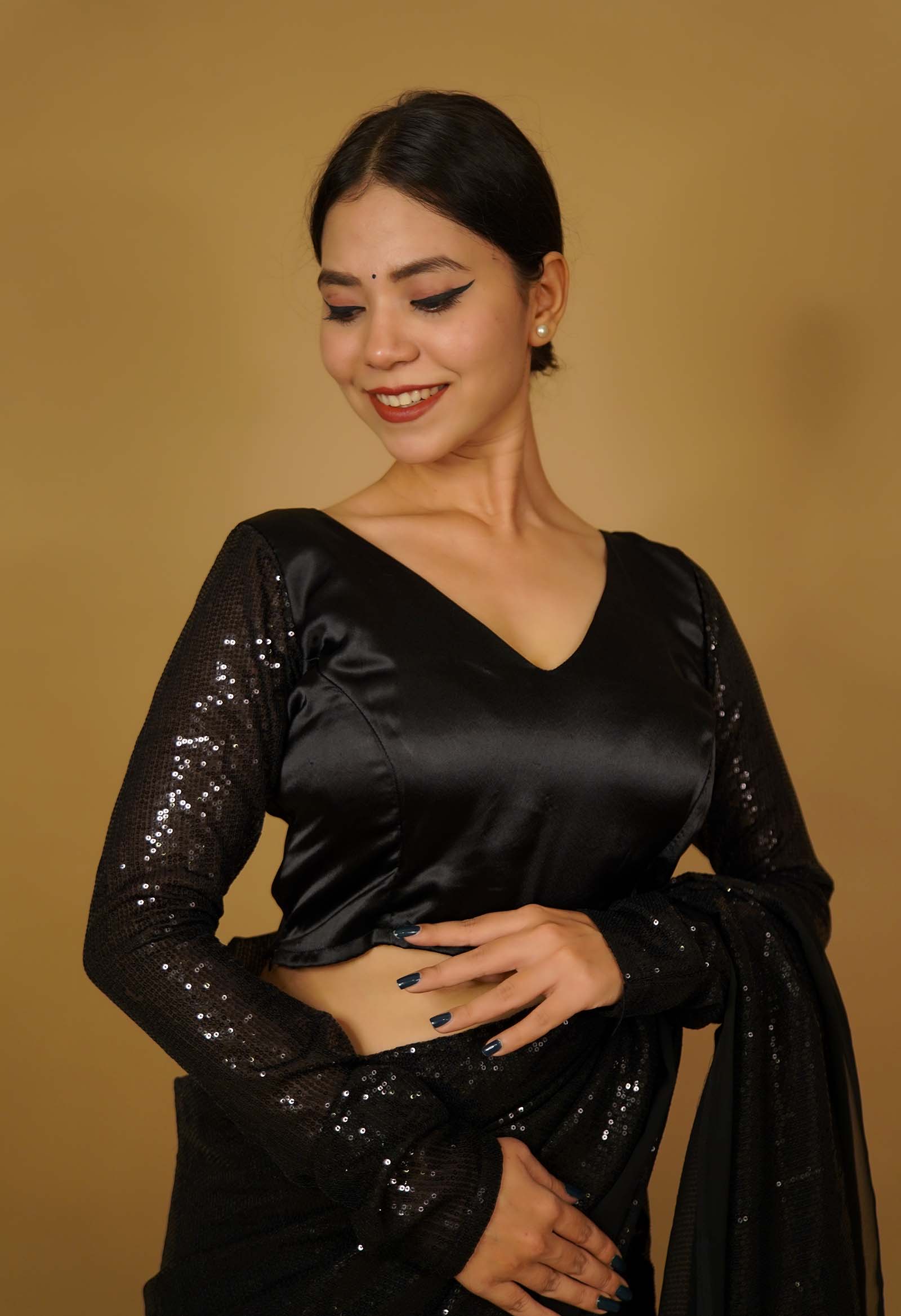 Stylish Black body With V neck & Sequin Full Sleeves Princess cut Designer blouse