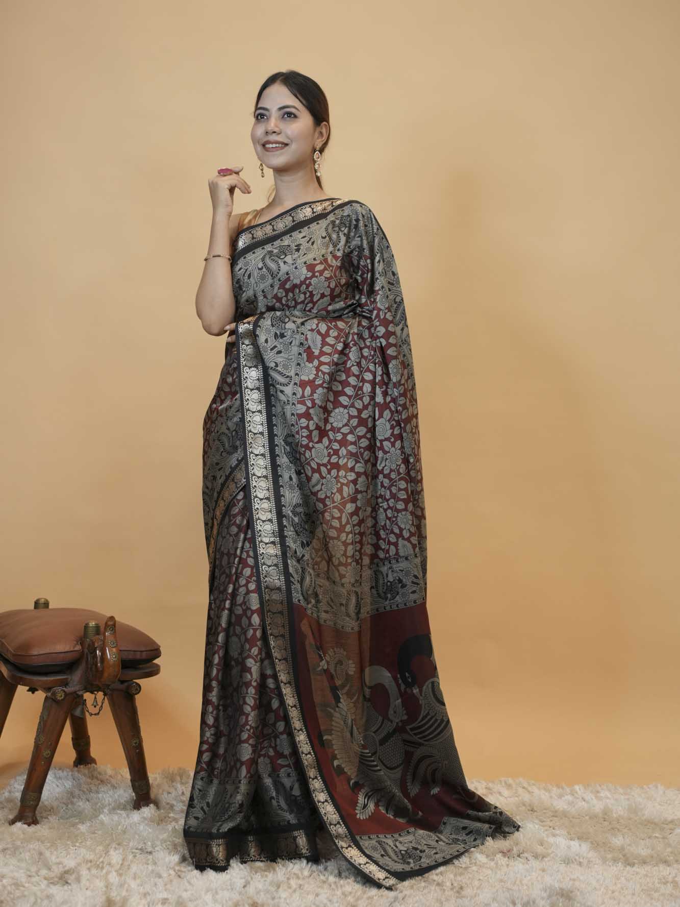 Traditional Red Woven Printed Saree with Rich Border Design Ready To Wear Saree