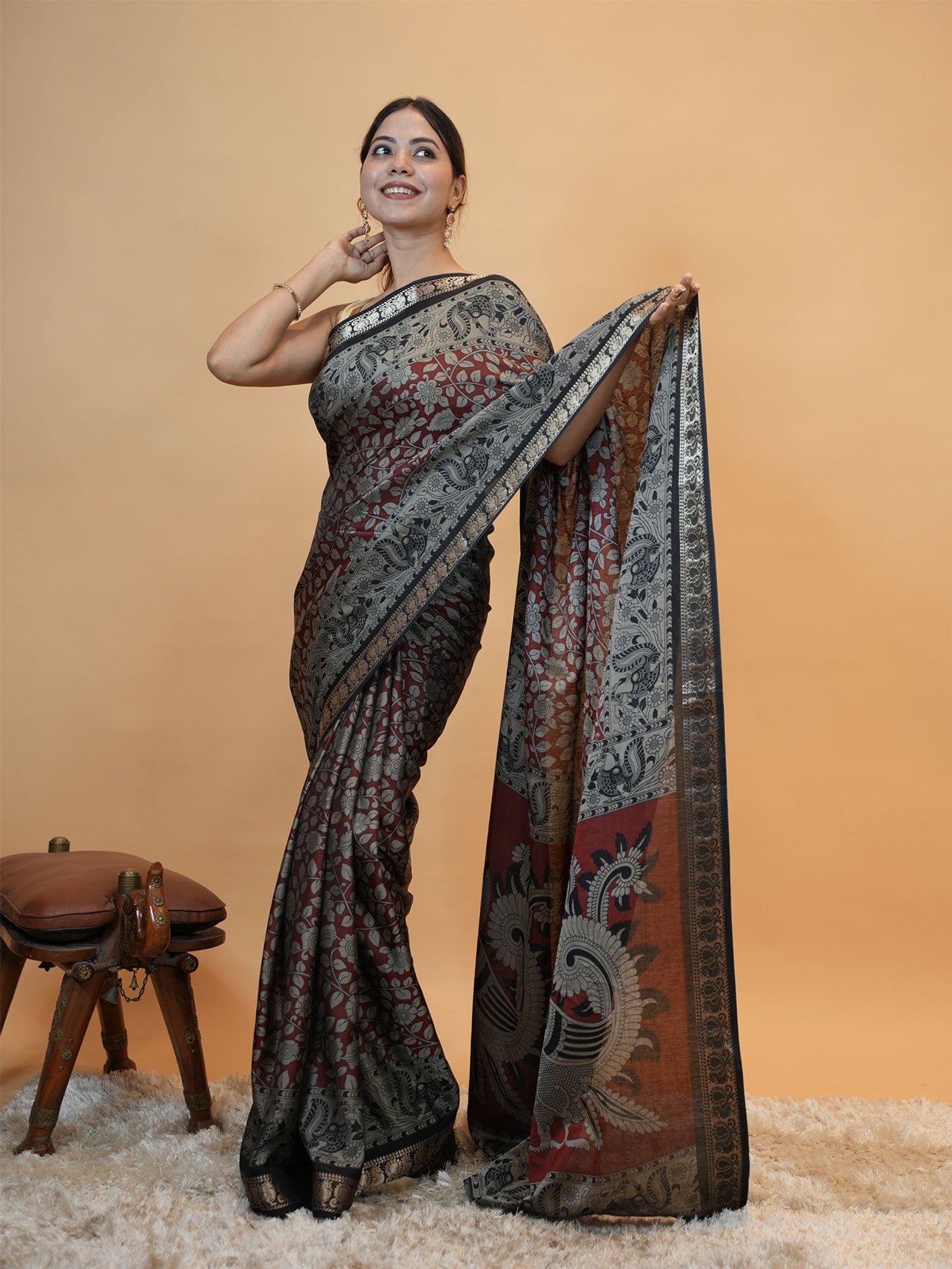 Traditional Red Woven Printed Saree with Rich Border Design Ready To Wear Saree
