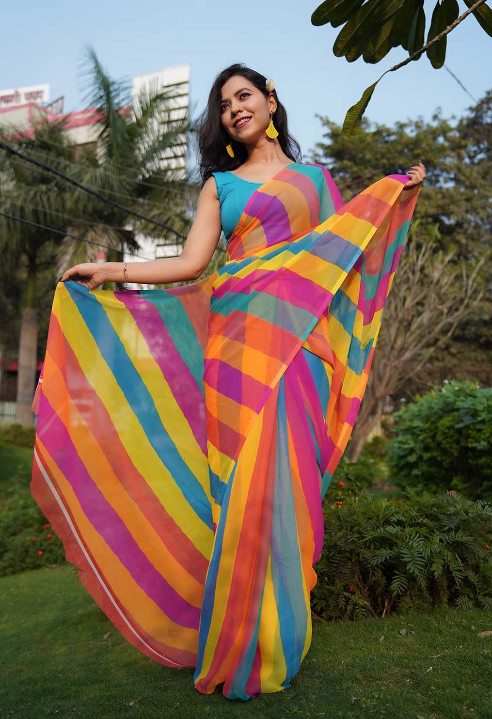 Stylish Rainbow colorblocked Striped  pure chiffon wrap in one minute saree