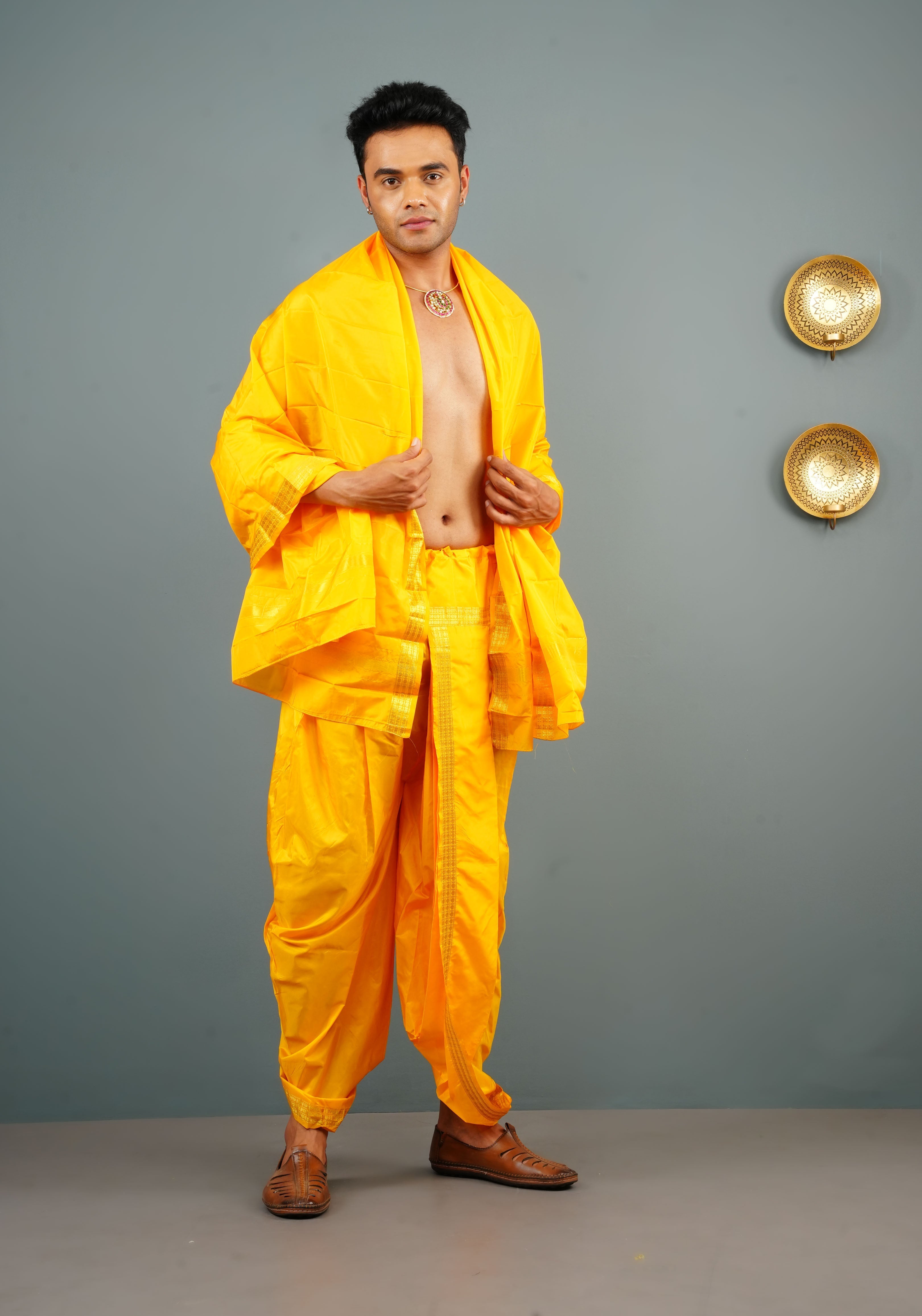Yellow Stitched Dhoti and Angavastram 2 PIece Set | Shobitam