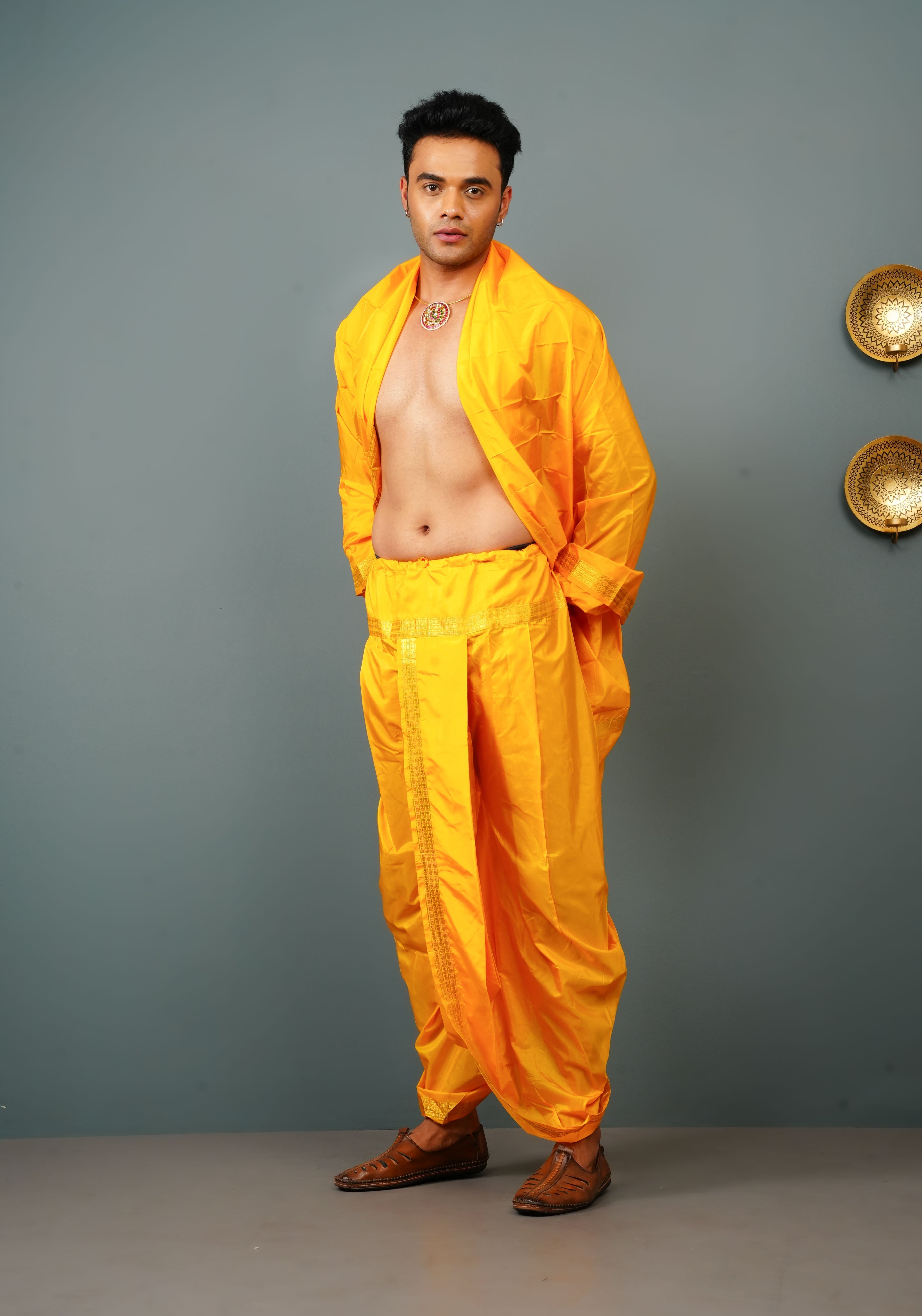 Yellow Stitched Dhoti and Angavastram 2 PIece Set | Shobitam