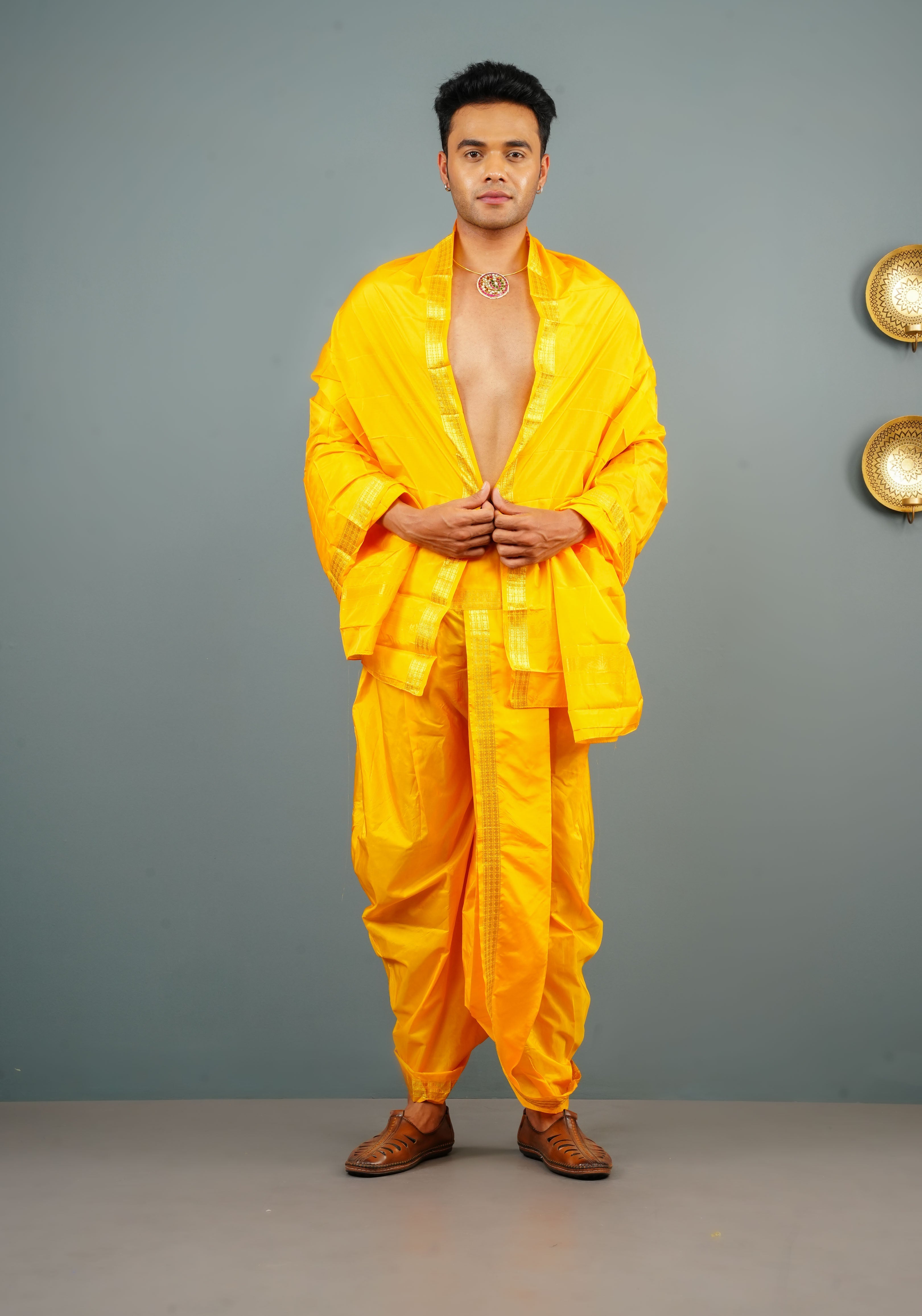 Yellow Stitched Dhoti and Angavastram 2 PIece Set | Shobitam