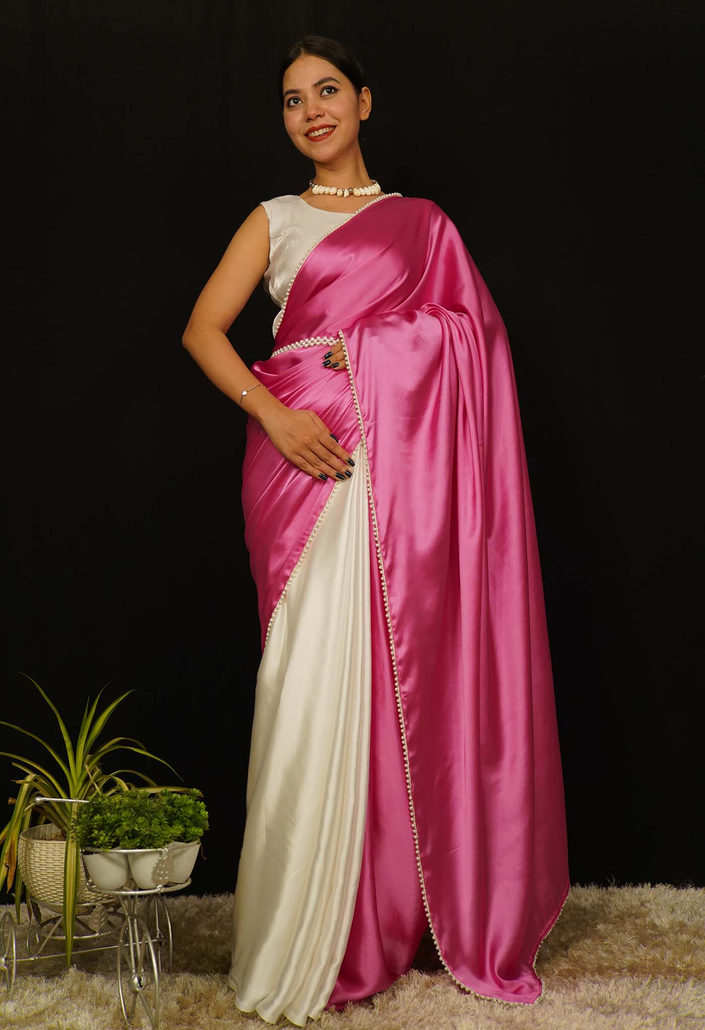 Contrast Pink and White  Satin Half And Half  With White Moti Lace Wrap in 1 Minute Saree