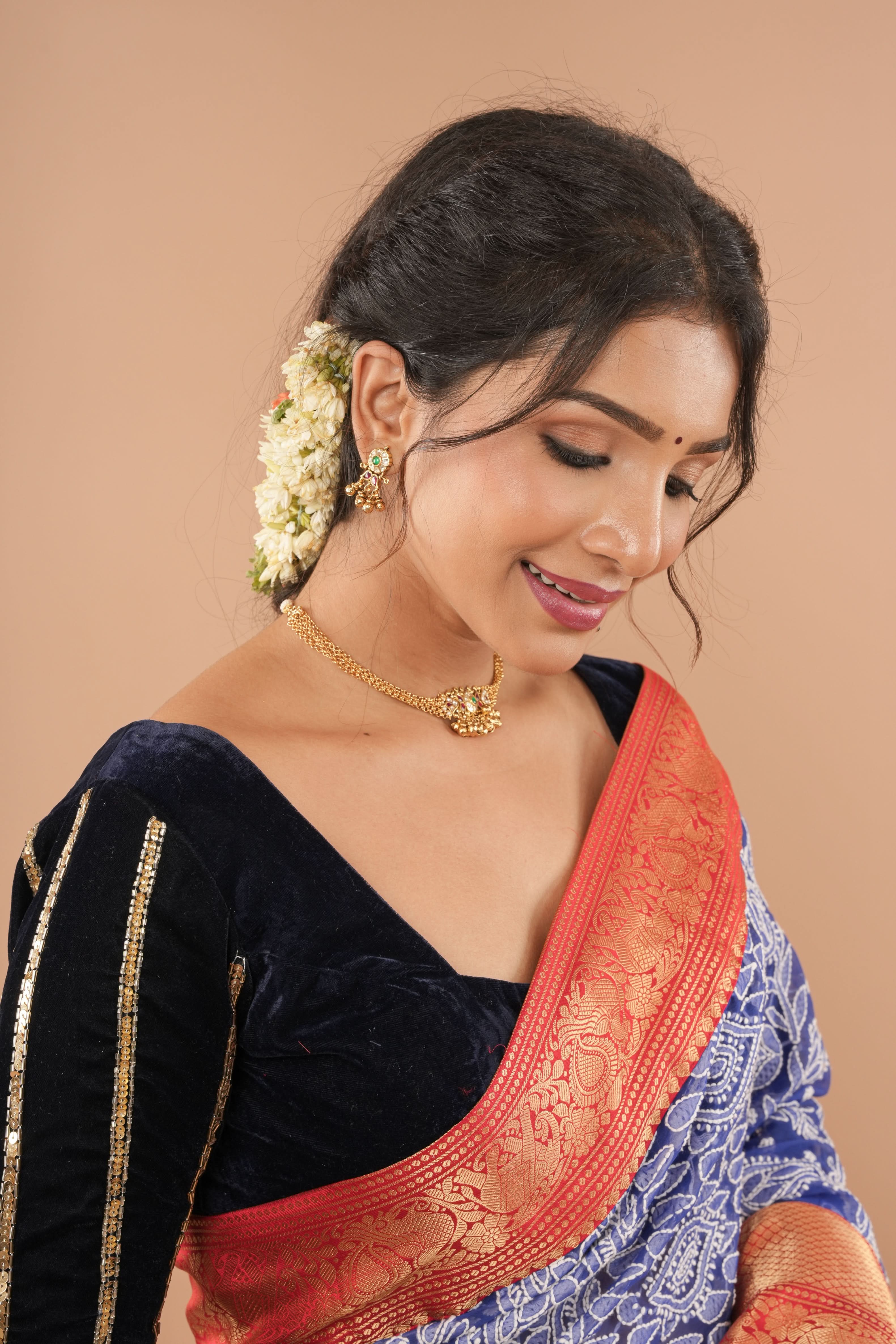 Navy Blue velvet blouse with asymmetric vertical designs sequin handwork | Made to Order | Shobitam