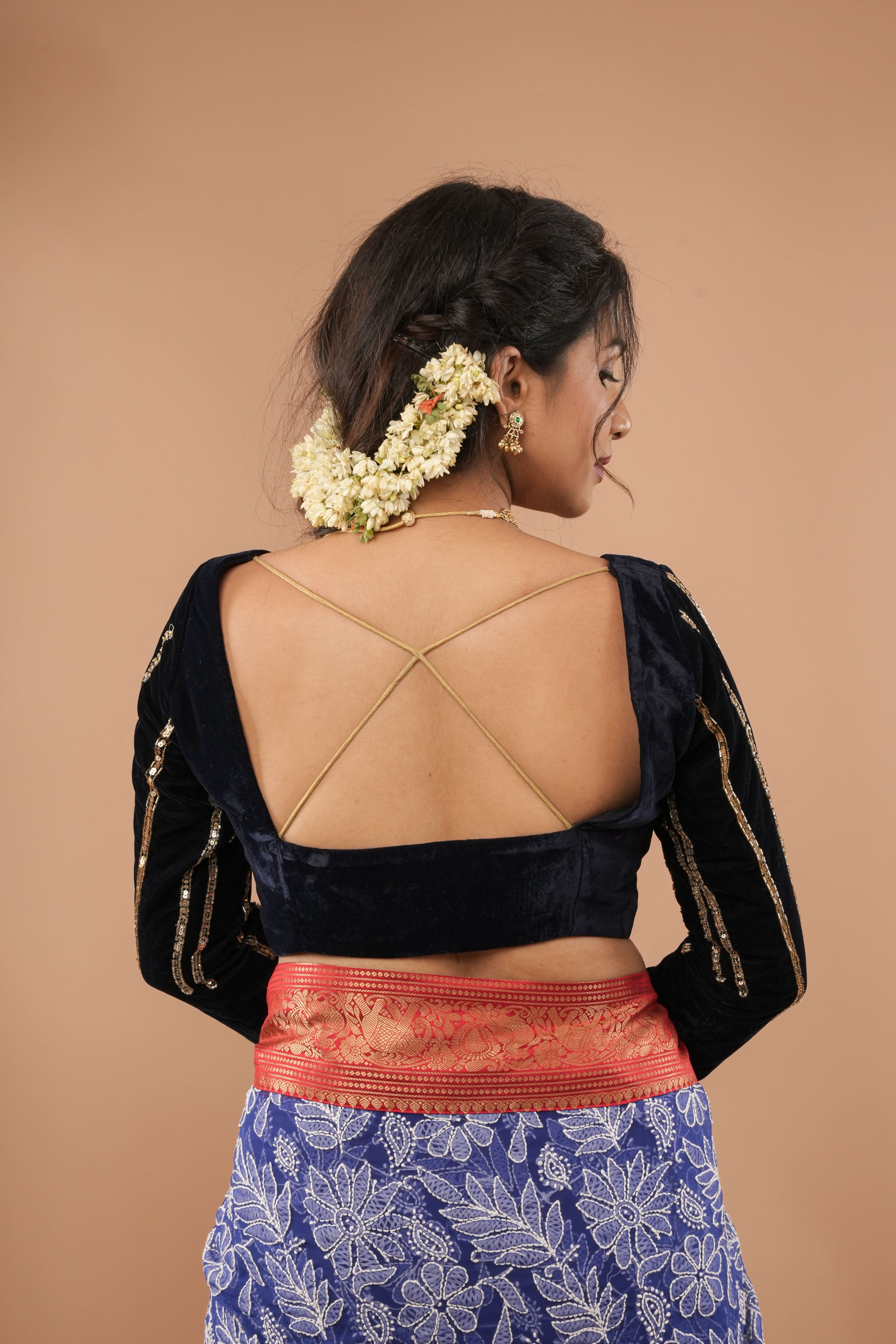Navy Blue velvet blouse with asymmetric vertical designs sequin handwork | Made to Order | Shobitam