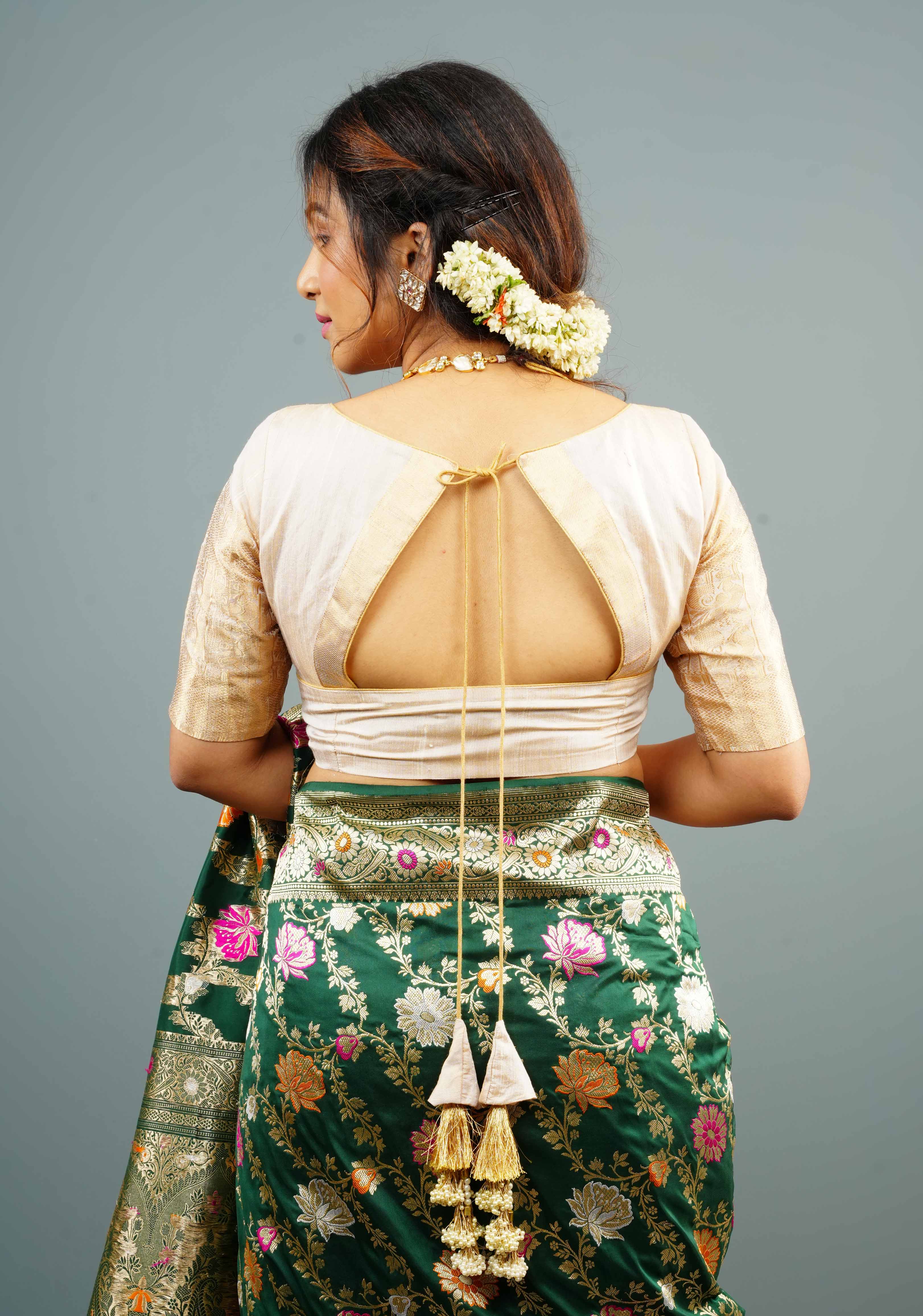 Ivory Gold Pure Tissue Raw Silk Blouse with Wide Zari Sleeves, Customizable, Made to Order | Shobitam