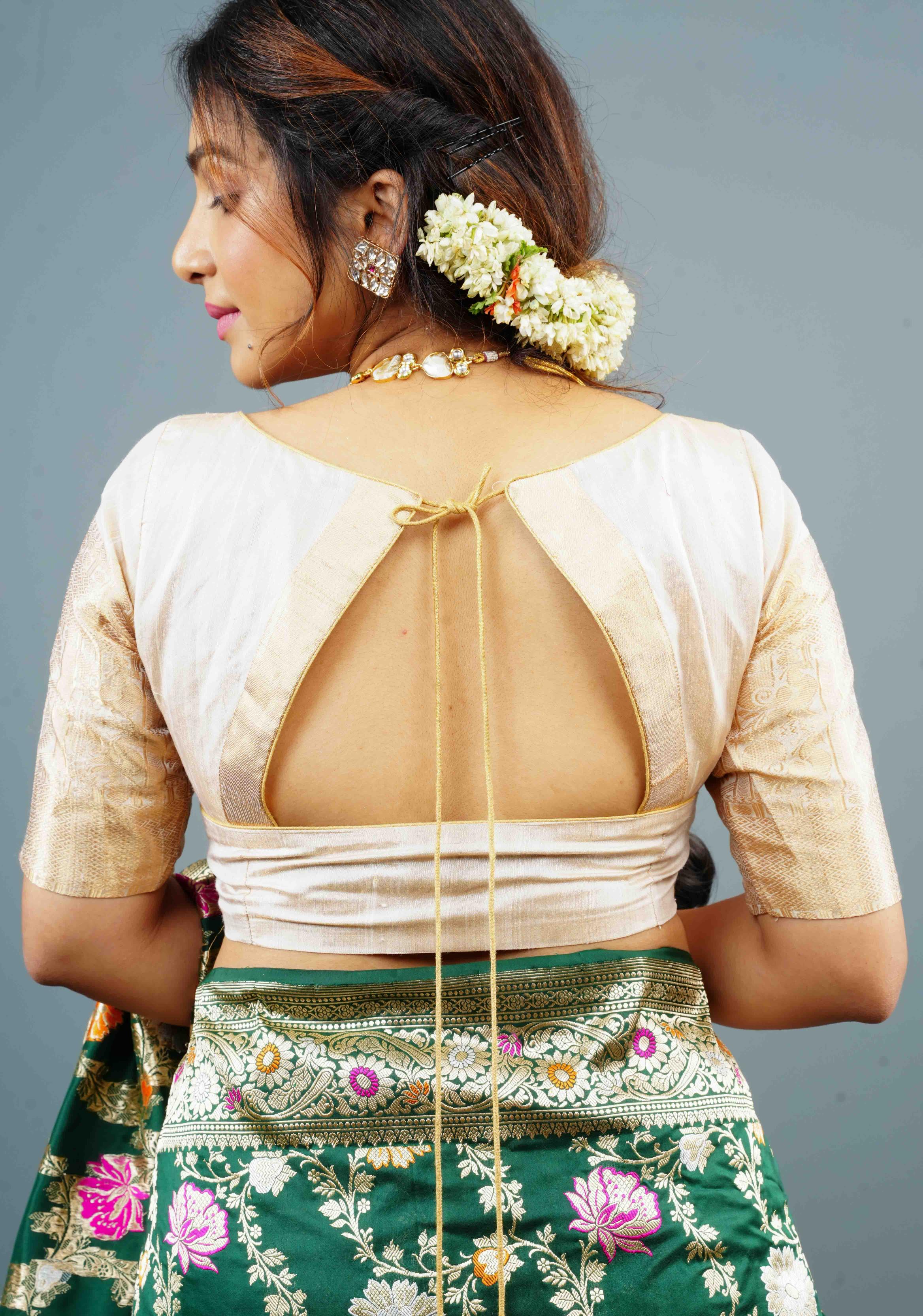 Ivory Gold Pure Tissue Raw Silk Blouse with Wide Zari Sleeves, Customizable, Made to Order | Shobitam