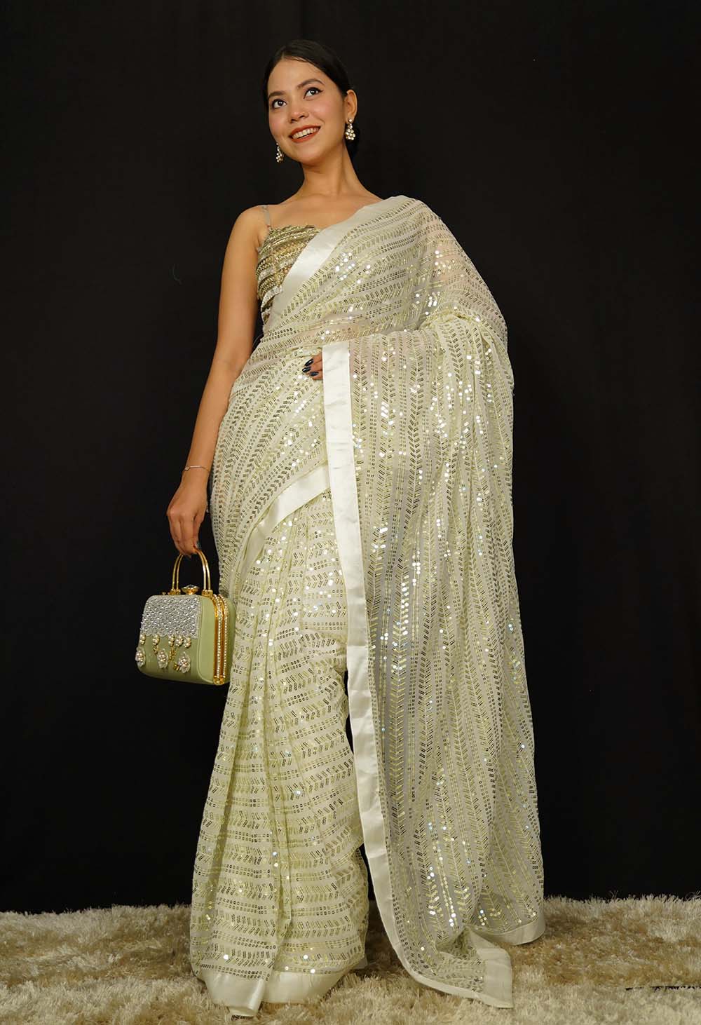 Ready To Wear  Party Embellished Sequined With Solid Border  Wrap in 1 minute saree