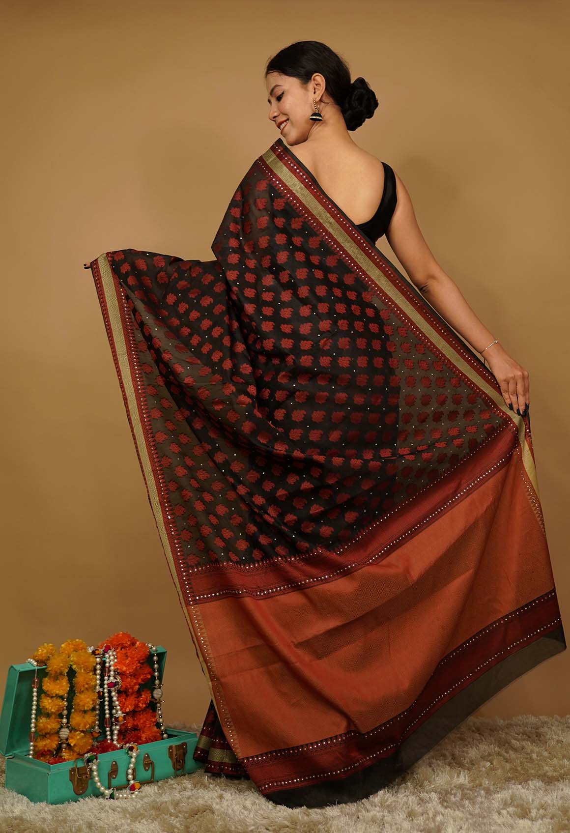 Ready to Wear Banarasi Cotton Silk with Red Booti wrap in 1 minute saree