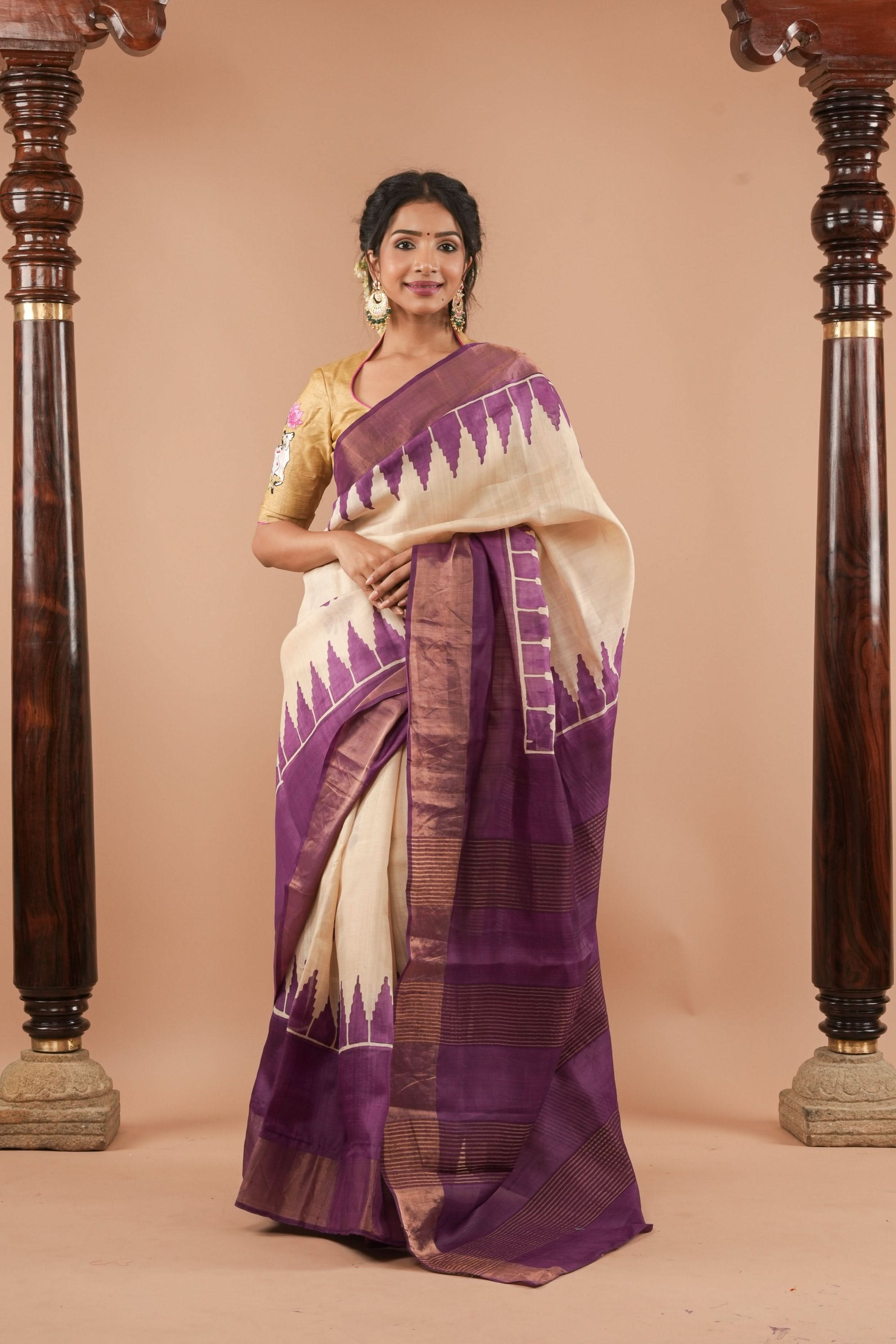 Beige Jari Tussar Silk Saree with Floral and Temple print and Purple Zari Border | SILK MARK CERTIFIED | Shobitam