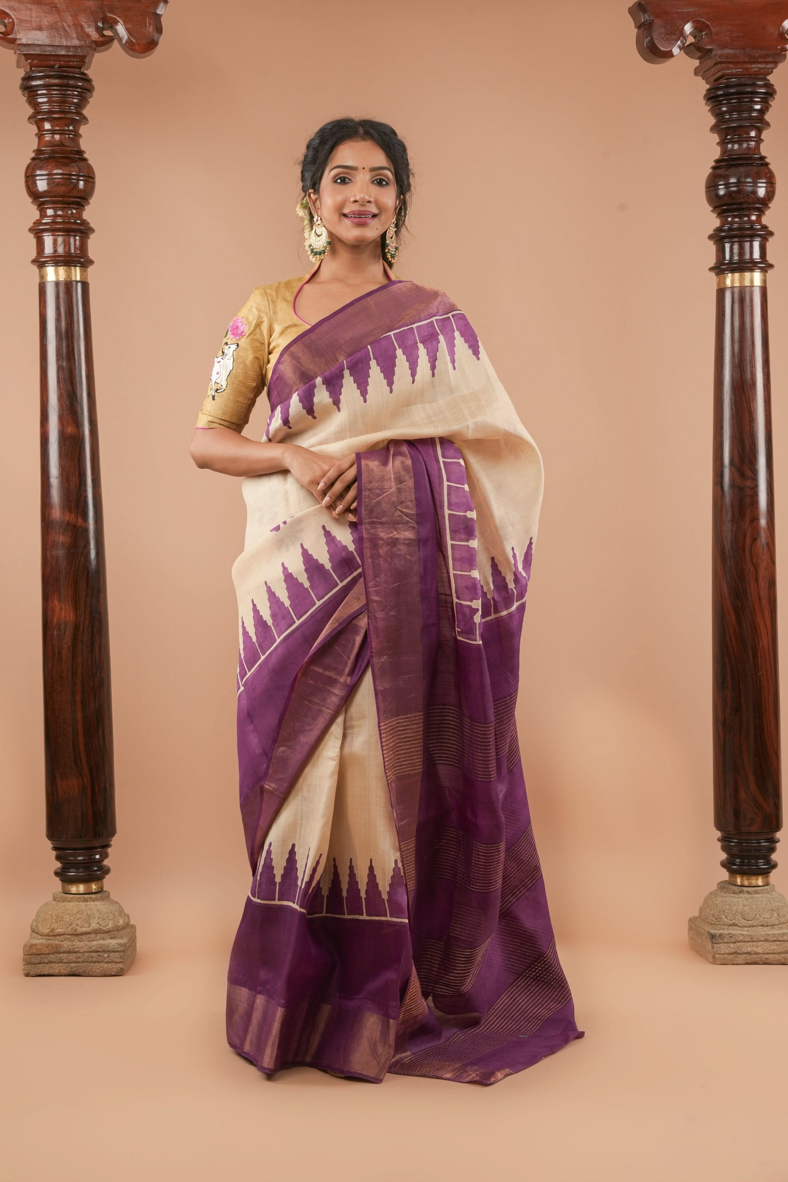 Beige Jari Tussar Silk Saree with Floral and Temple print and Purple Zari Border | SILK MARK CERTIFIED | Shobitam