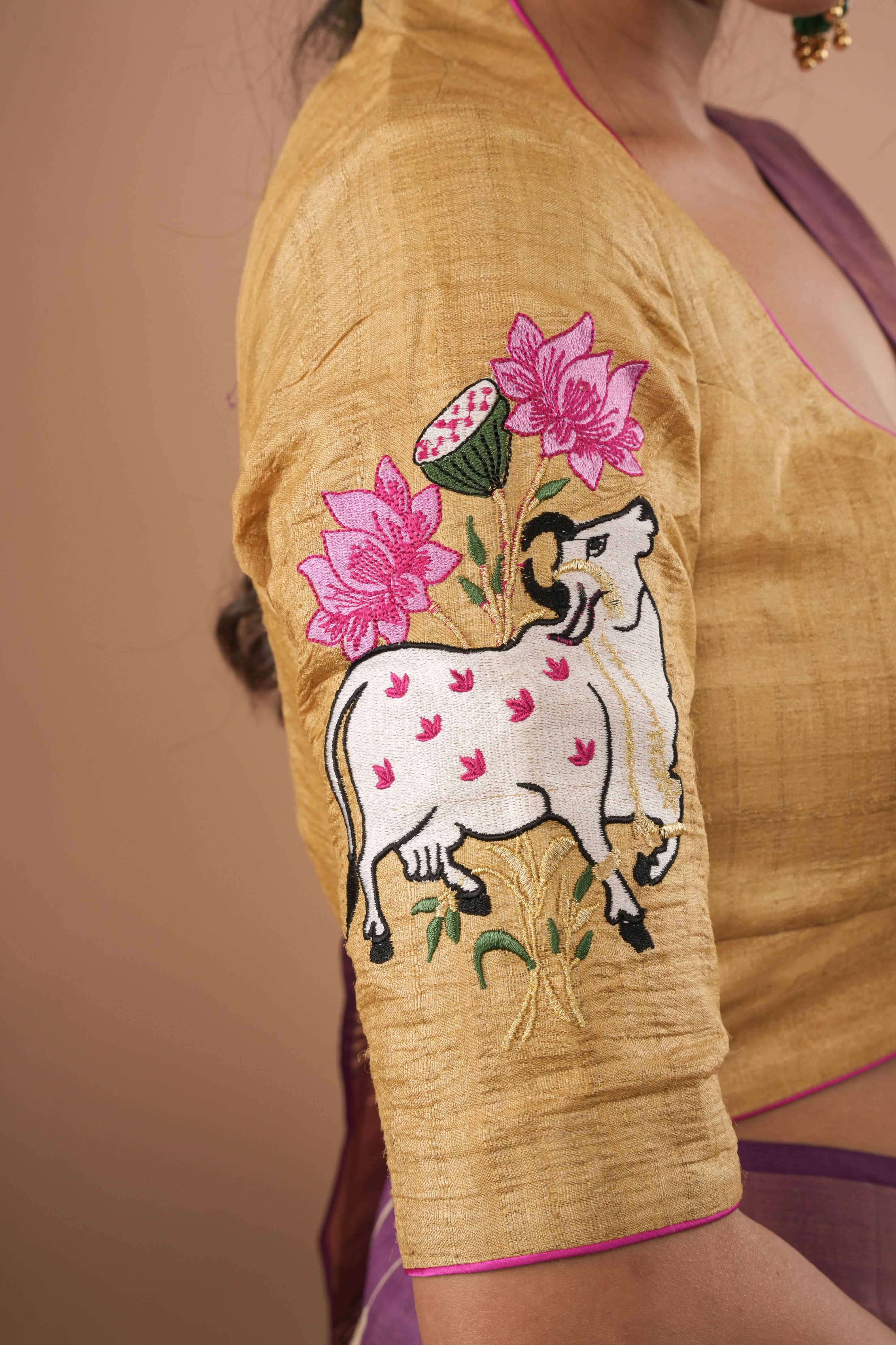 Pure Natural Tussar Blouse with pichwai cow embroidery on back and sleeves | Made to Order | Shobitam