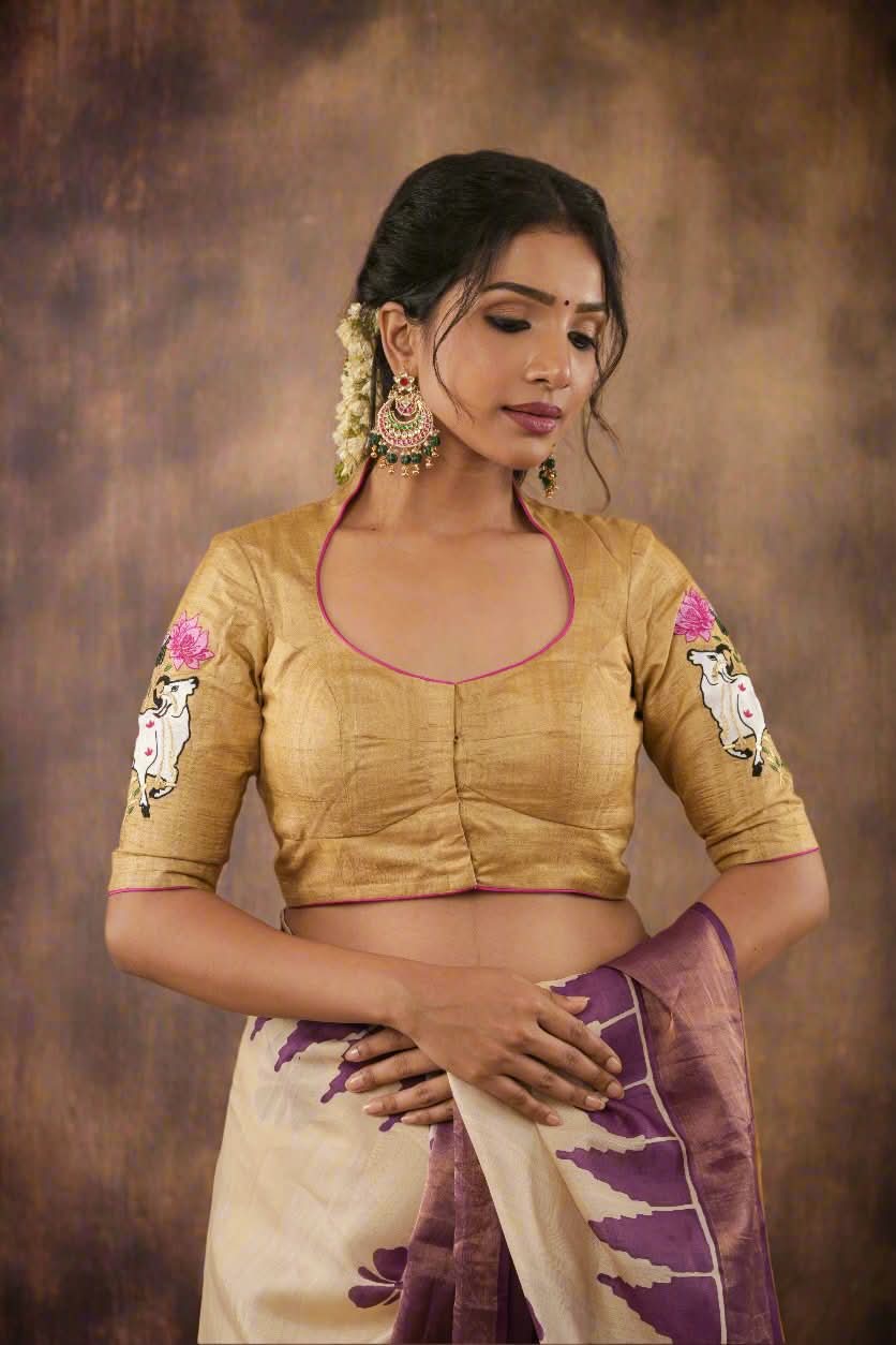 Pure Natural Tussar Blouse with pichwai cow embroidery on back and sleeves | Made to Order | Shobitam