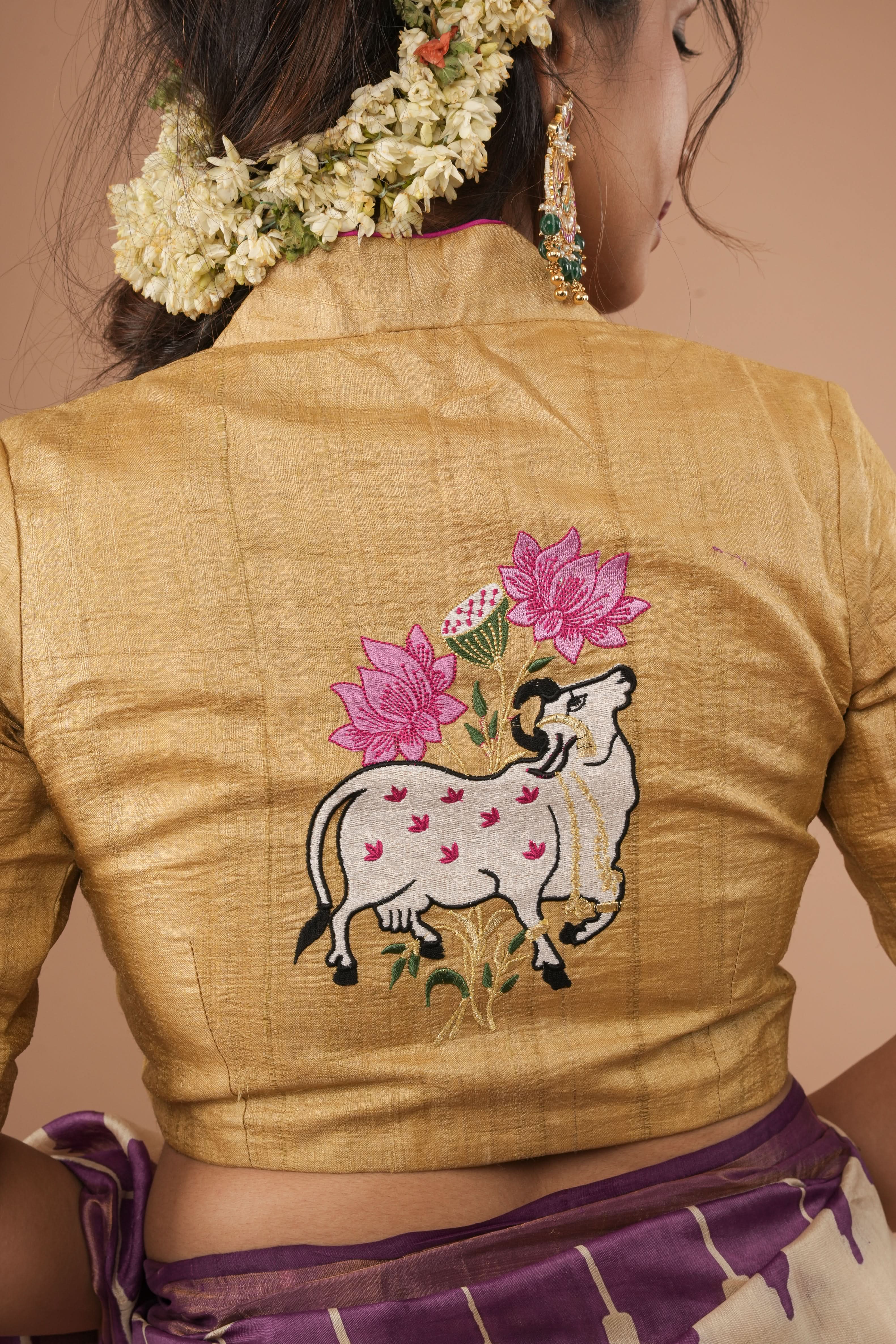 Pure Natural Tussar Blouse with pichwai cow embroidery on back and sleeves | Made to Order | Shobitam