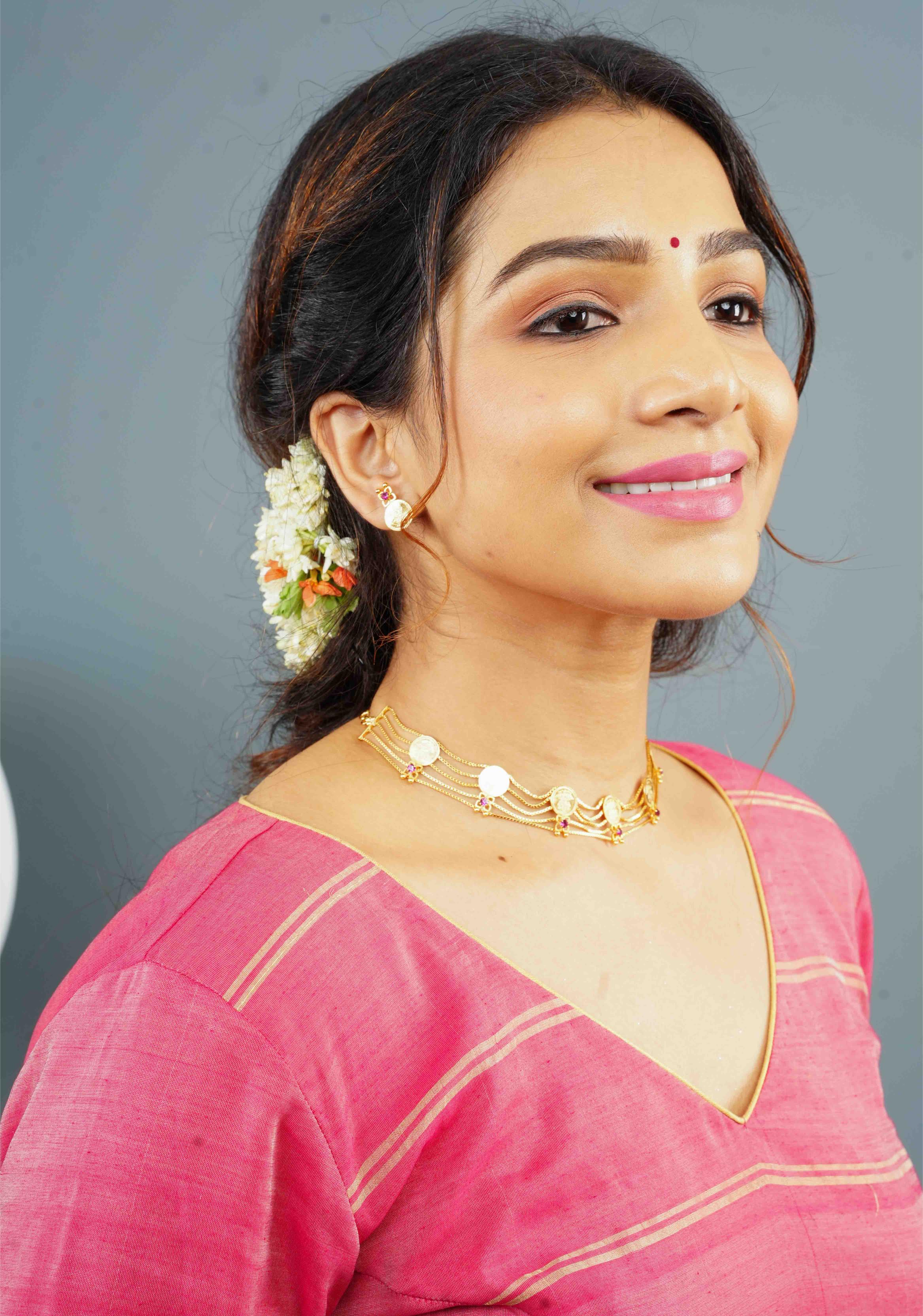 Gold tone Lakshmi Coin Layer Necklace with Earrings | Shobitam