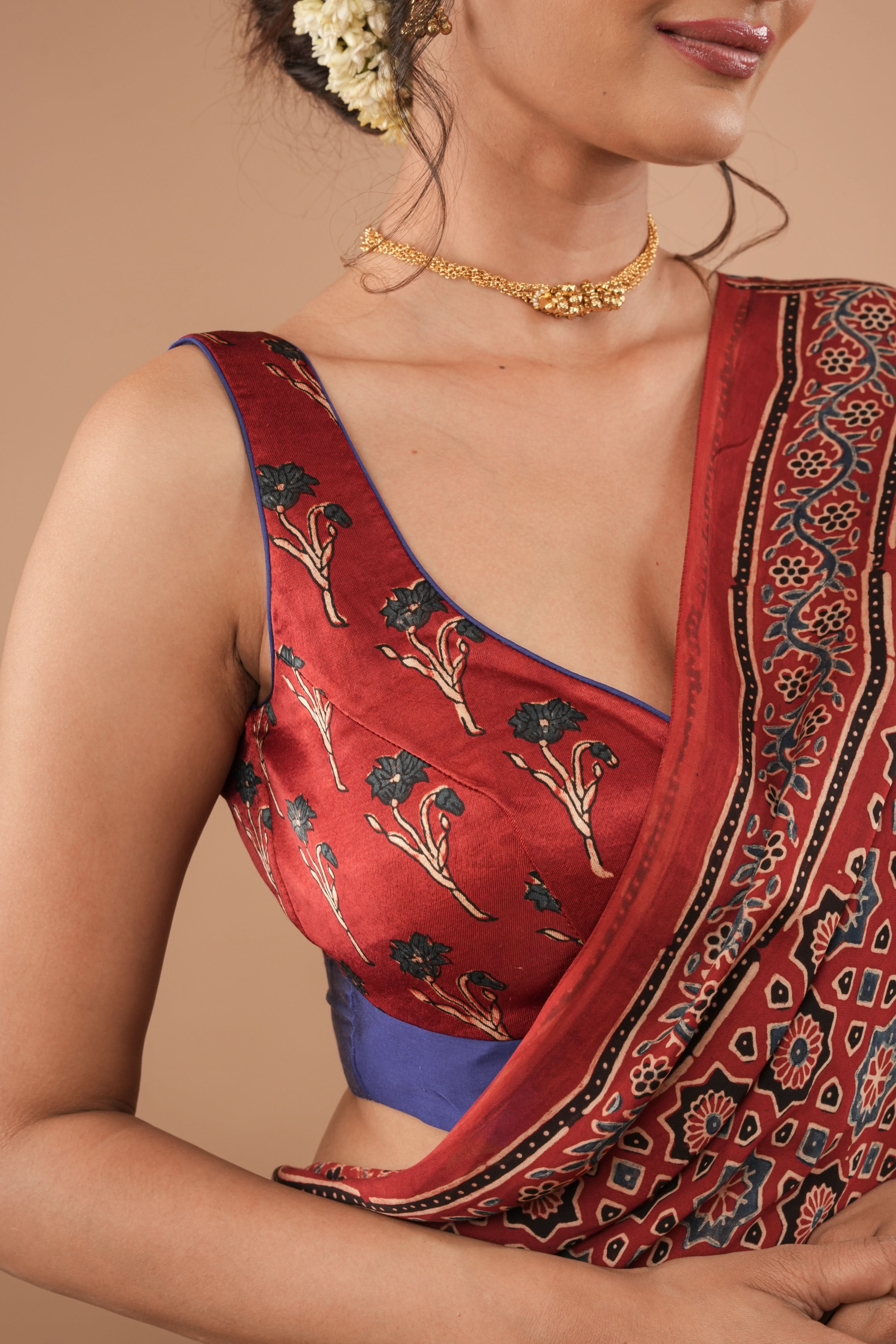 Red Ajrakh modal silk plunge neck and sleeveless blouse | Made to Order | Shobitam