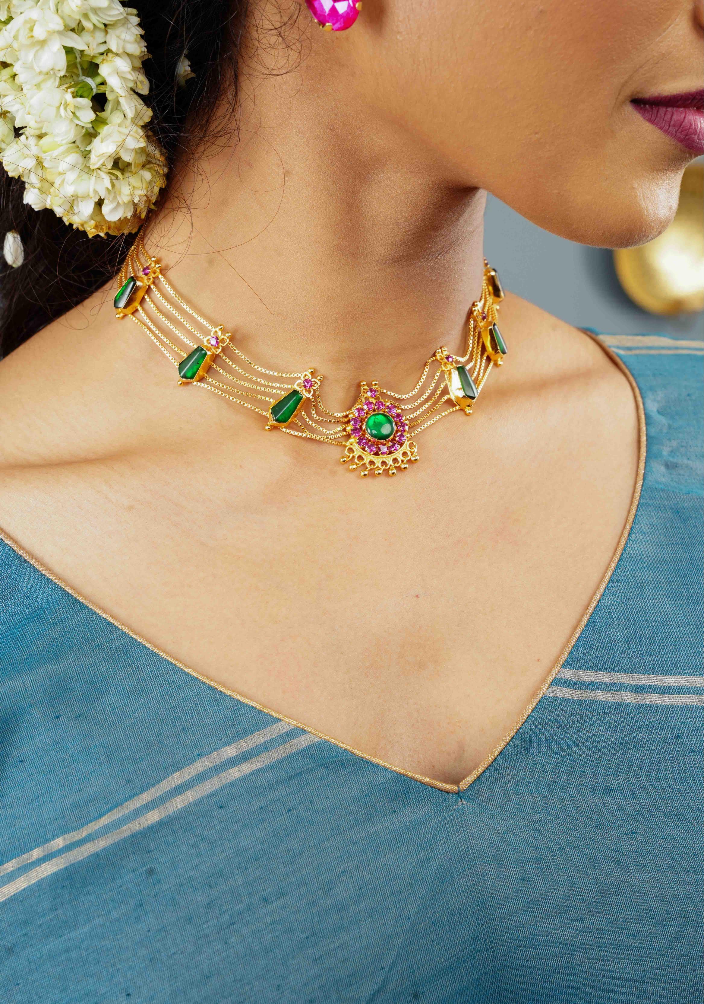 Gold tone kerala style pink-green nagapadam choker combo necklace set | Shobitam
