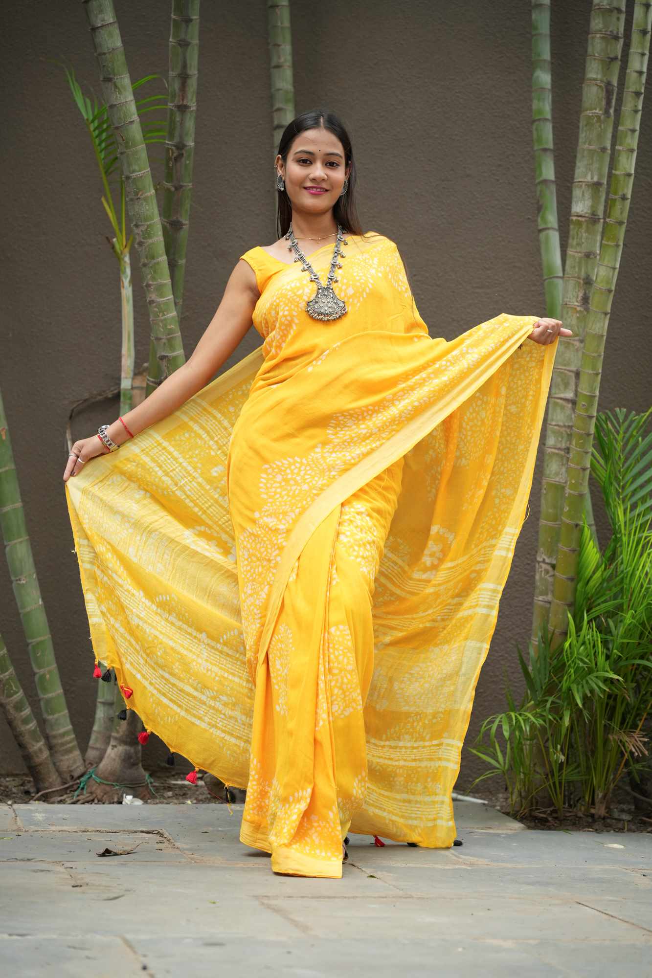 Yellow Jaipuri Print Linen Cotton Ready to Wear Saree