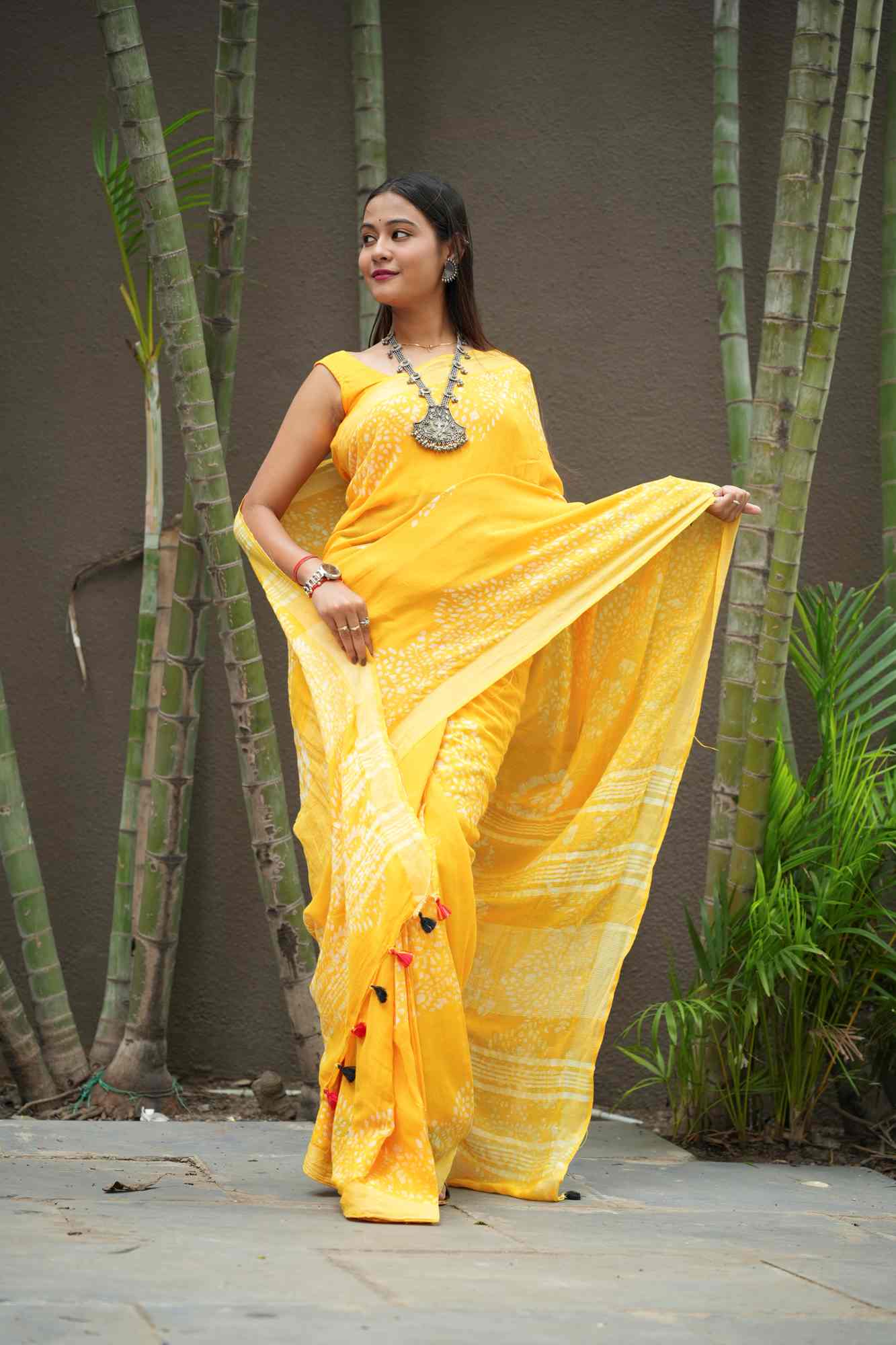 Yellow Jaipuri Print Linen Cotton Ready to Wear Saree