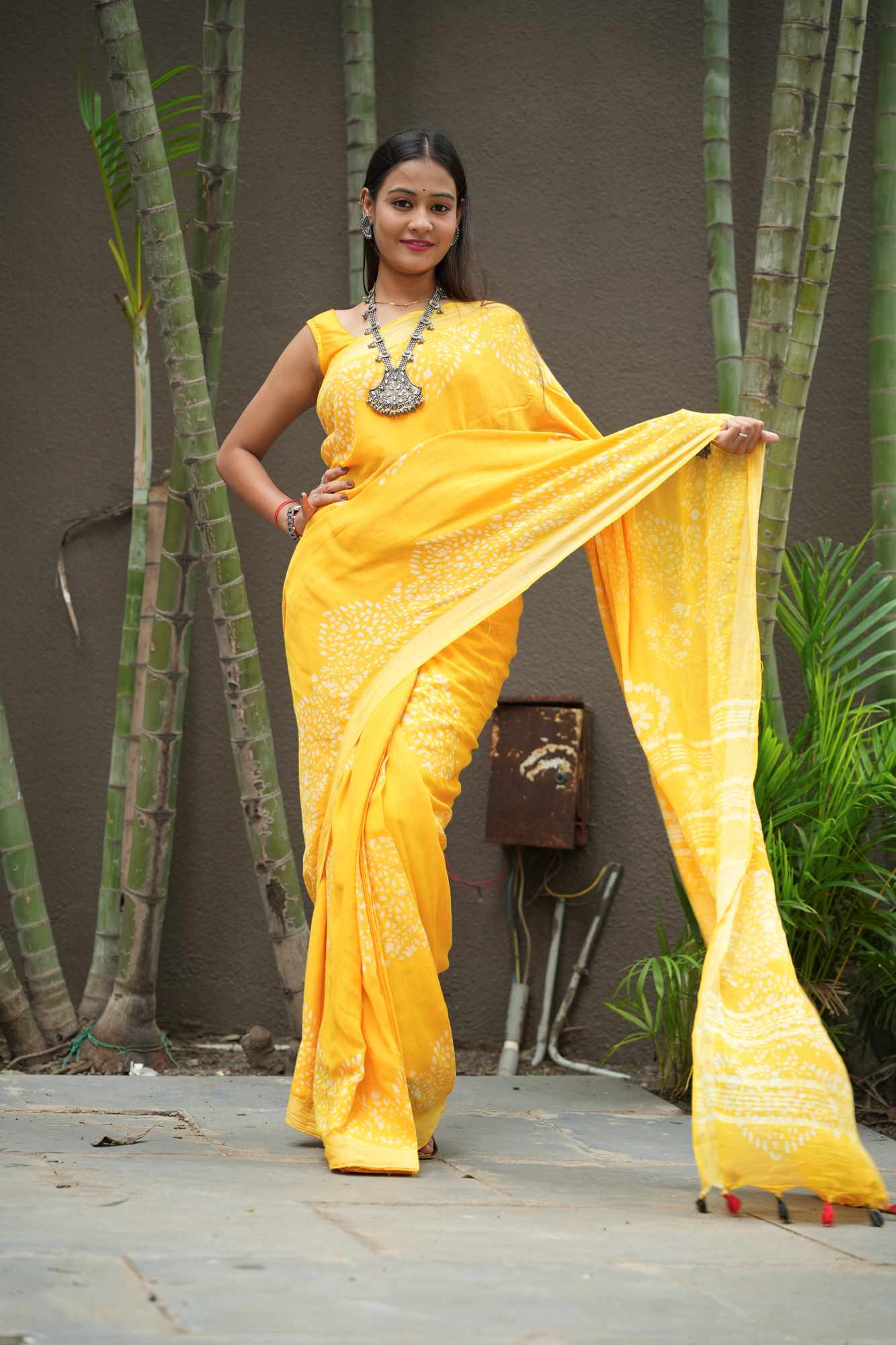 Yellow Jaipuri Print Linen Cotton Ready to Wear Saree
