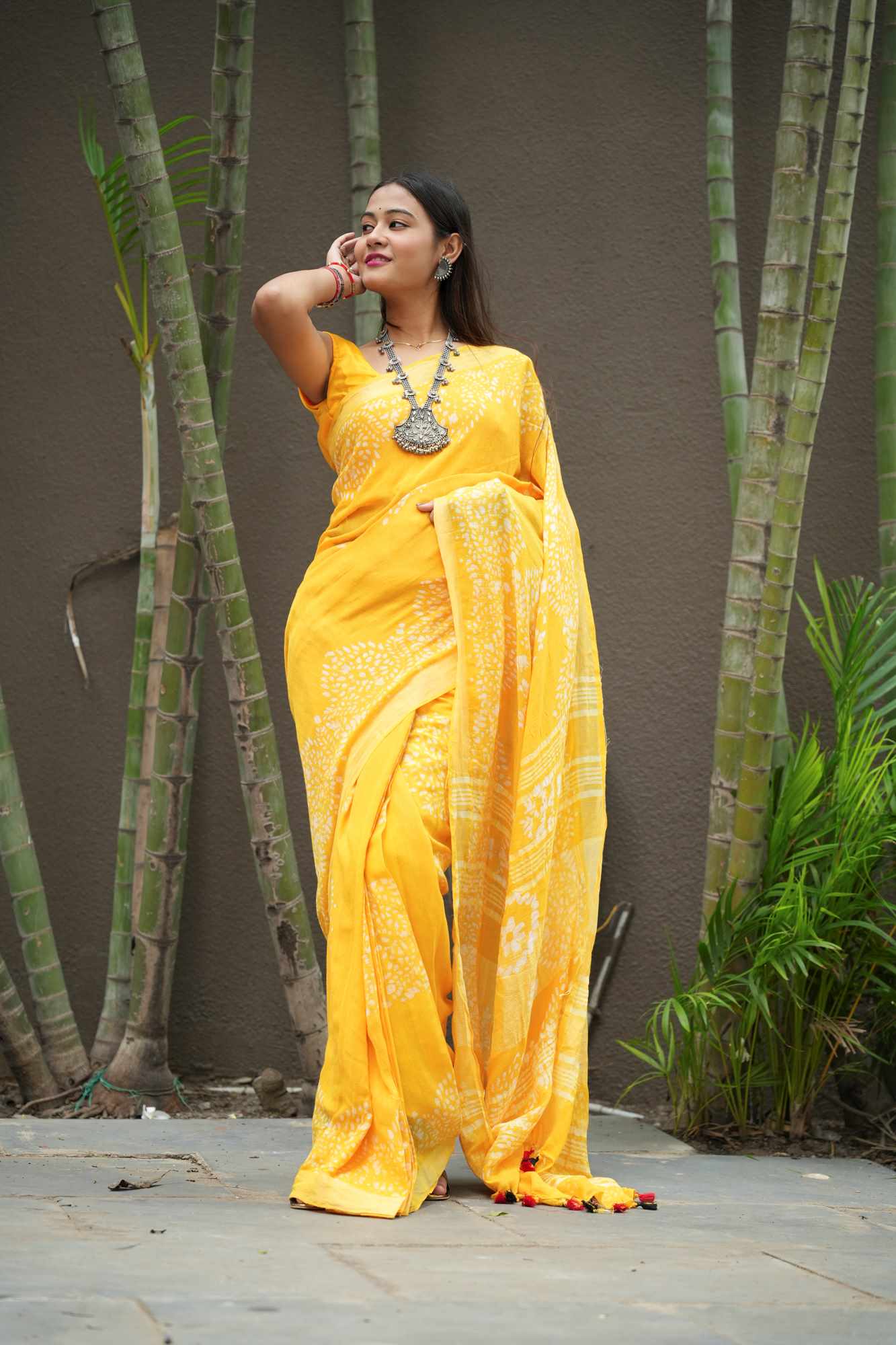 Yellow Jaipuri Print Linen Cotton Ready to Wear Saree
