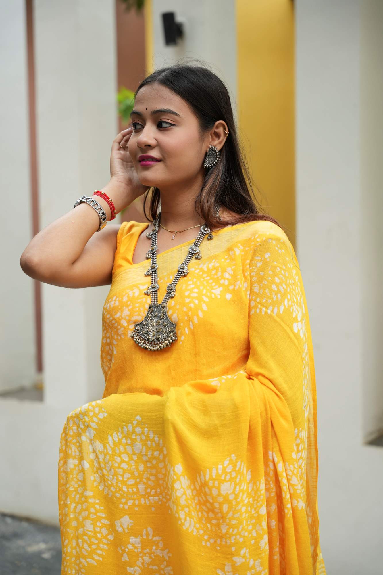 Yellow Jaipuri Print Linen Cotton Ready to Wear Saree