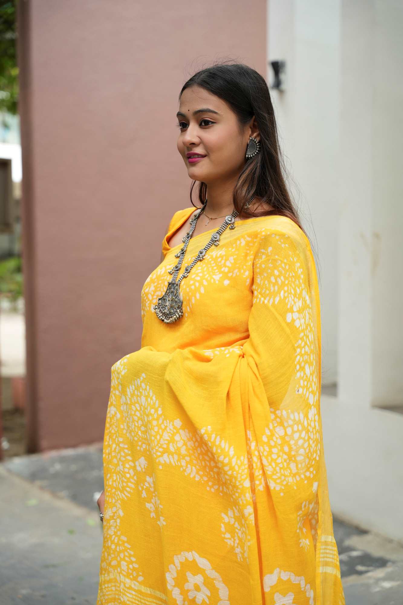 Yellow Jaipuri Print Linen Cotton Ready to Wear Saree