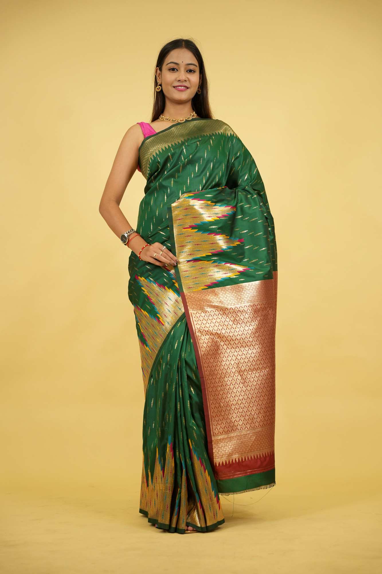 Exquisite Green Patola-Inspired Silk with Contrast Zari Pallu Temple Border Ready To Wear Saree