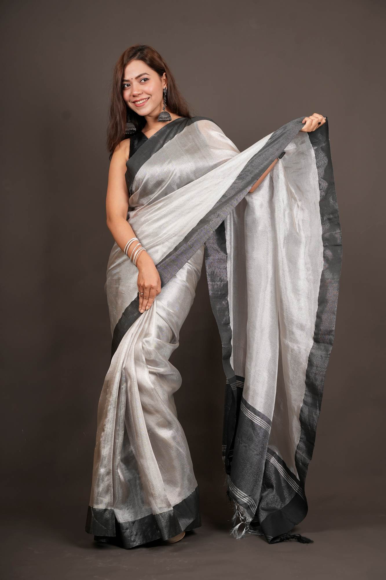 Tissue Silk Silver With Black dhoop chaanv Border Ready To Wear Saree