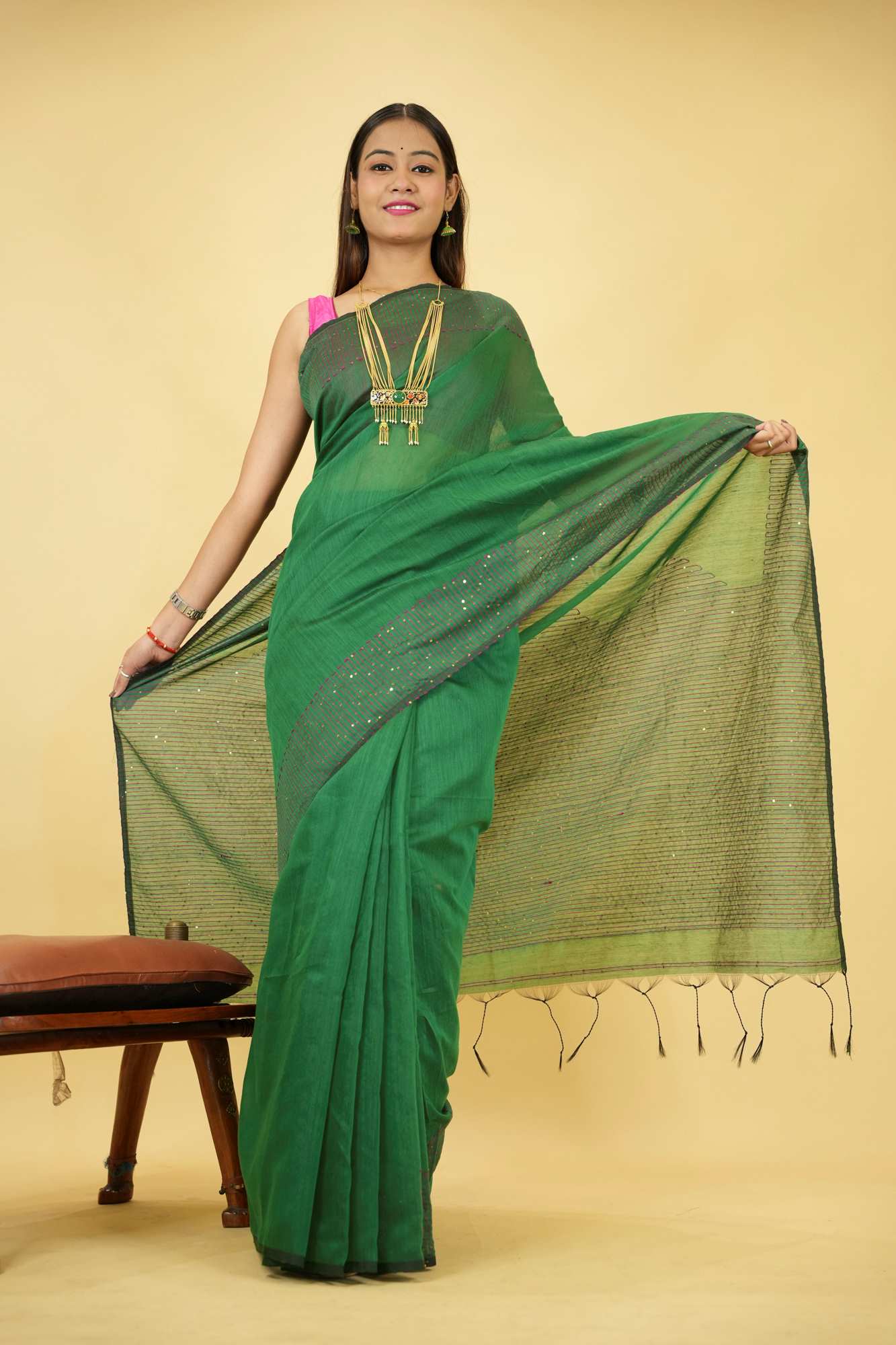 Cotton silk with Pink Thread Embroidery and Subtle Sequin Detailing Ready To Wear Saree