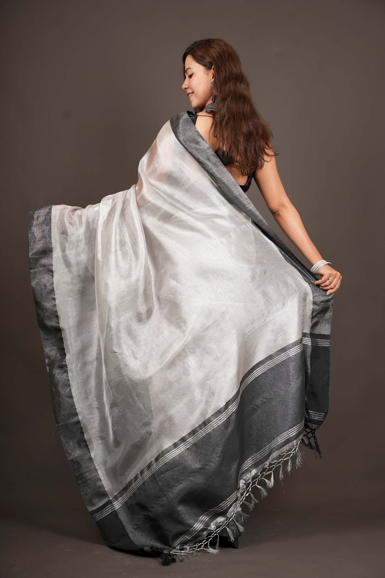 Tissue Silk Silver With Black dhoop chaanv Border Ready To Wear Saree
