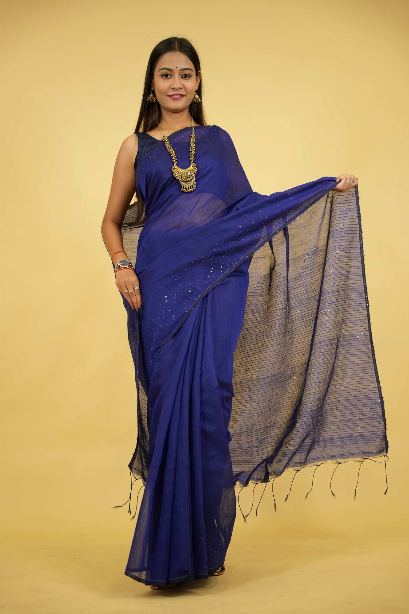 Blue Handloom Cotton Silk with Subtle Sequin Accents Ready To Wear Saree