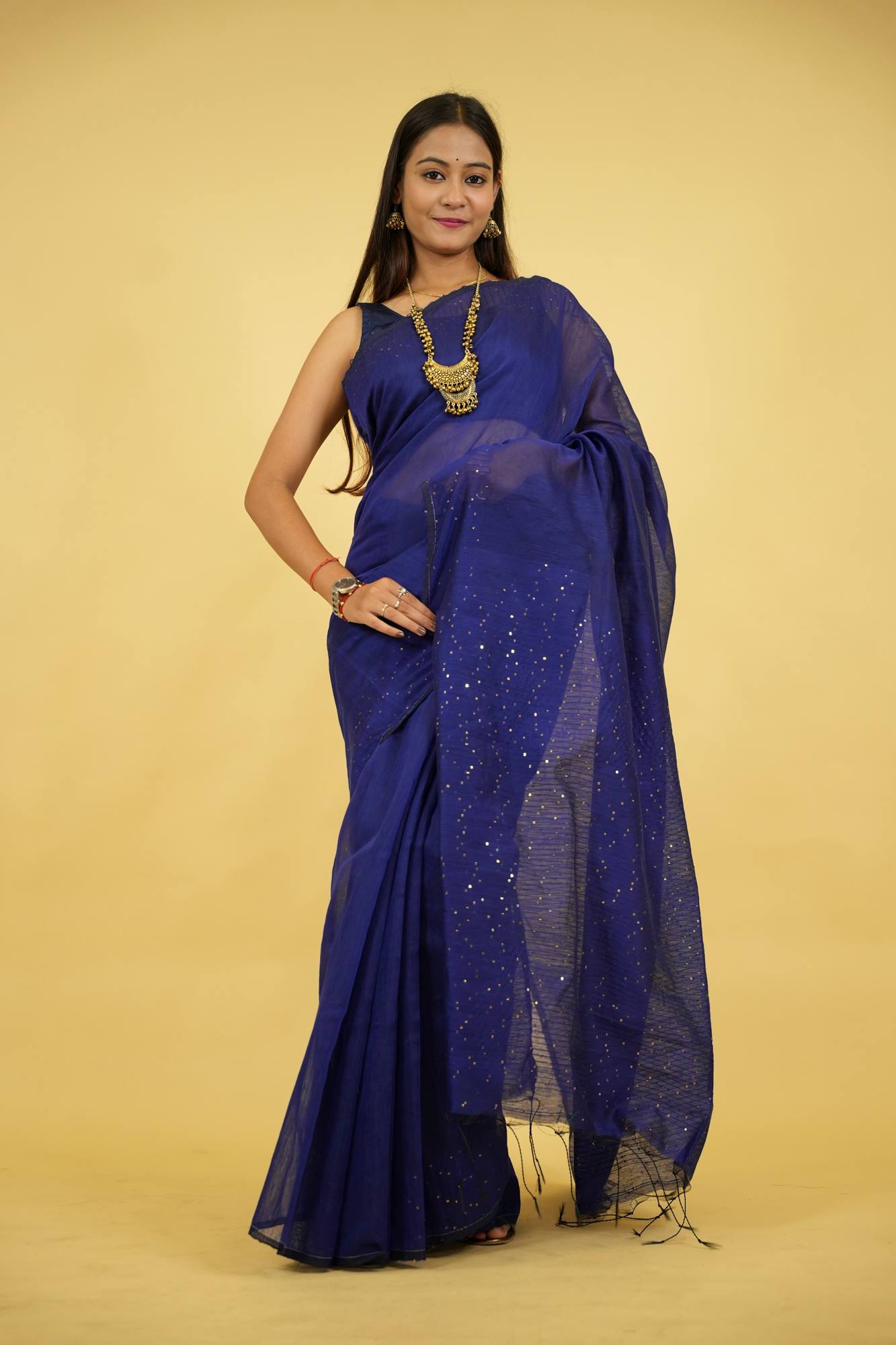 Blue Handloom Cotton Silk with Subtle Sequin Accents Ready To Wear Saree