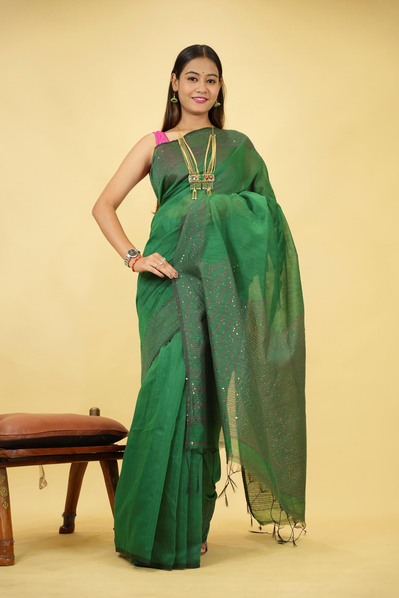 Cotton silk with Pink Thread Embroidery and Subtle Sequin Detailing Ready To Wear Saree