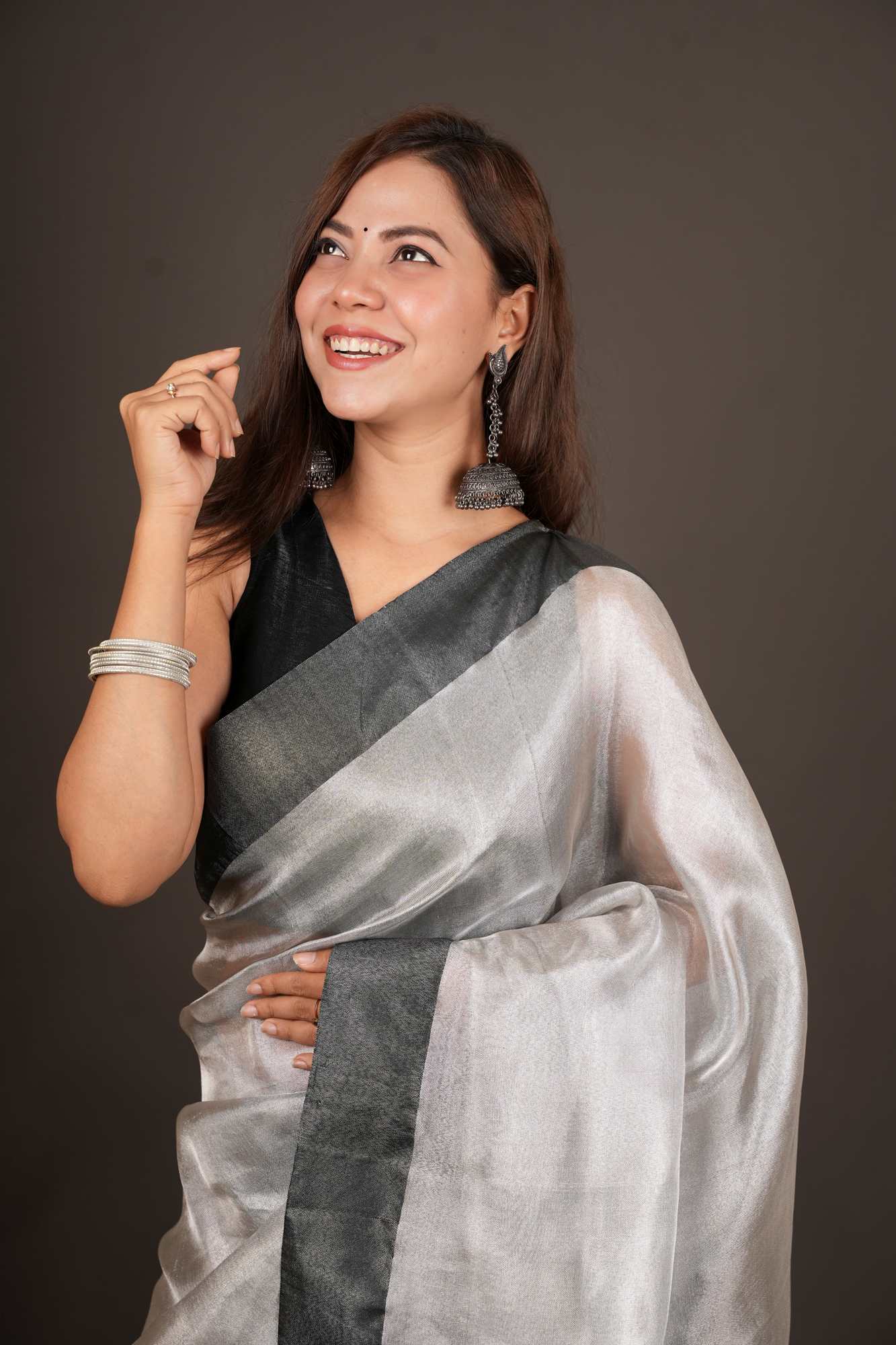 Tissue Silk Silver With Black dhoop chaanv Border Ready To Wear Saree