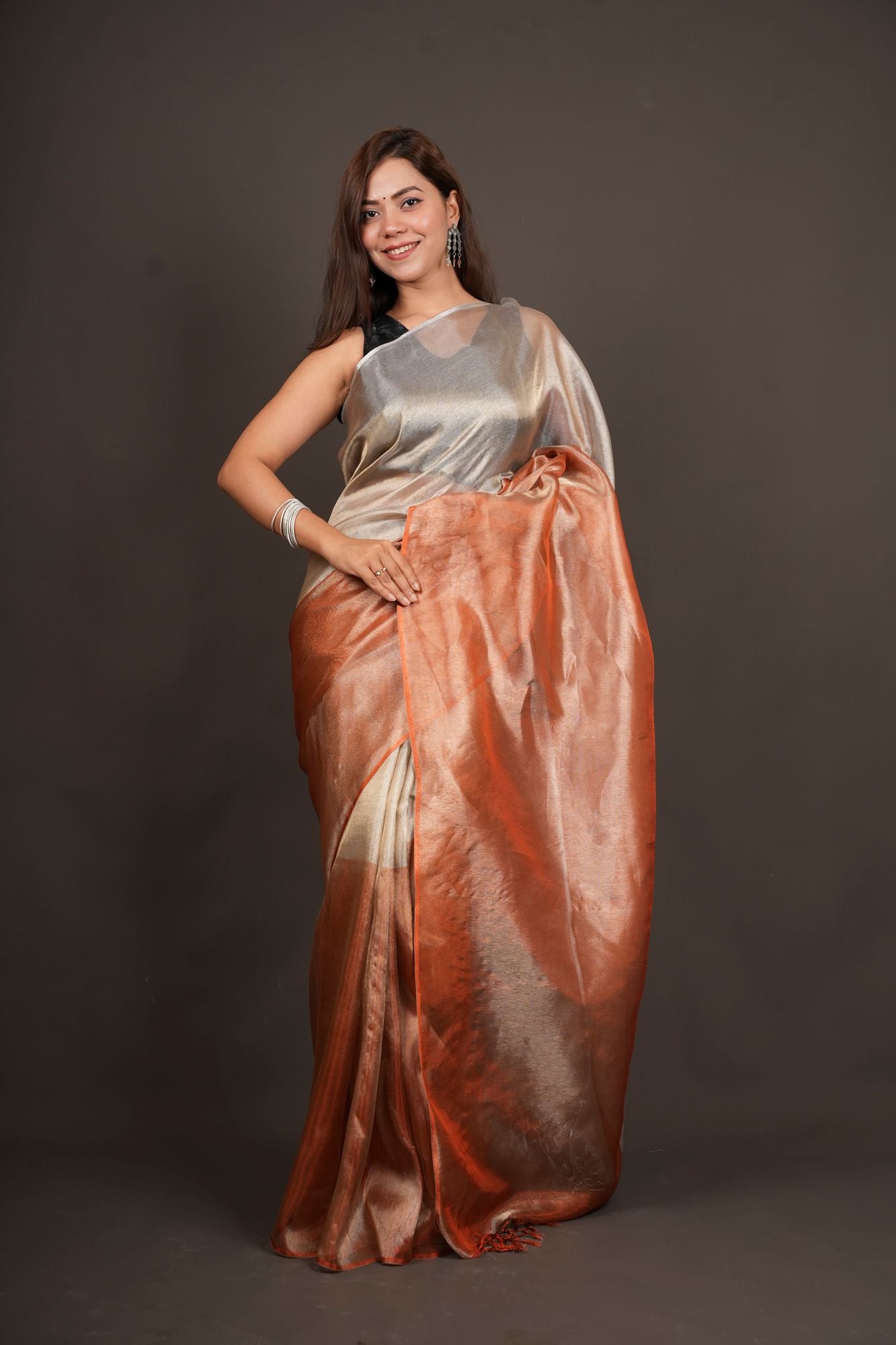 Dual Tone greyish orange sunset tissue silk prestitched saree