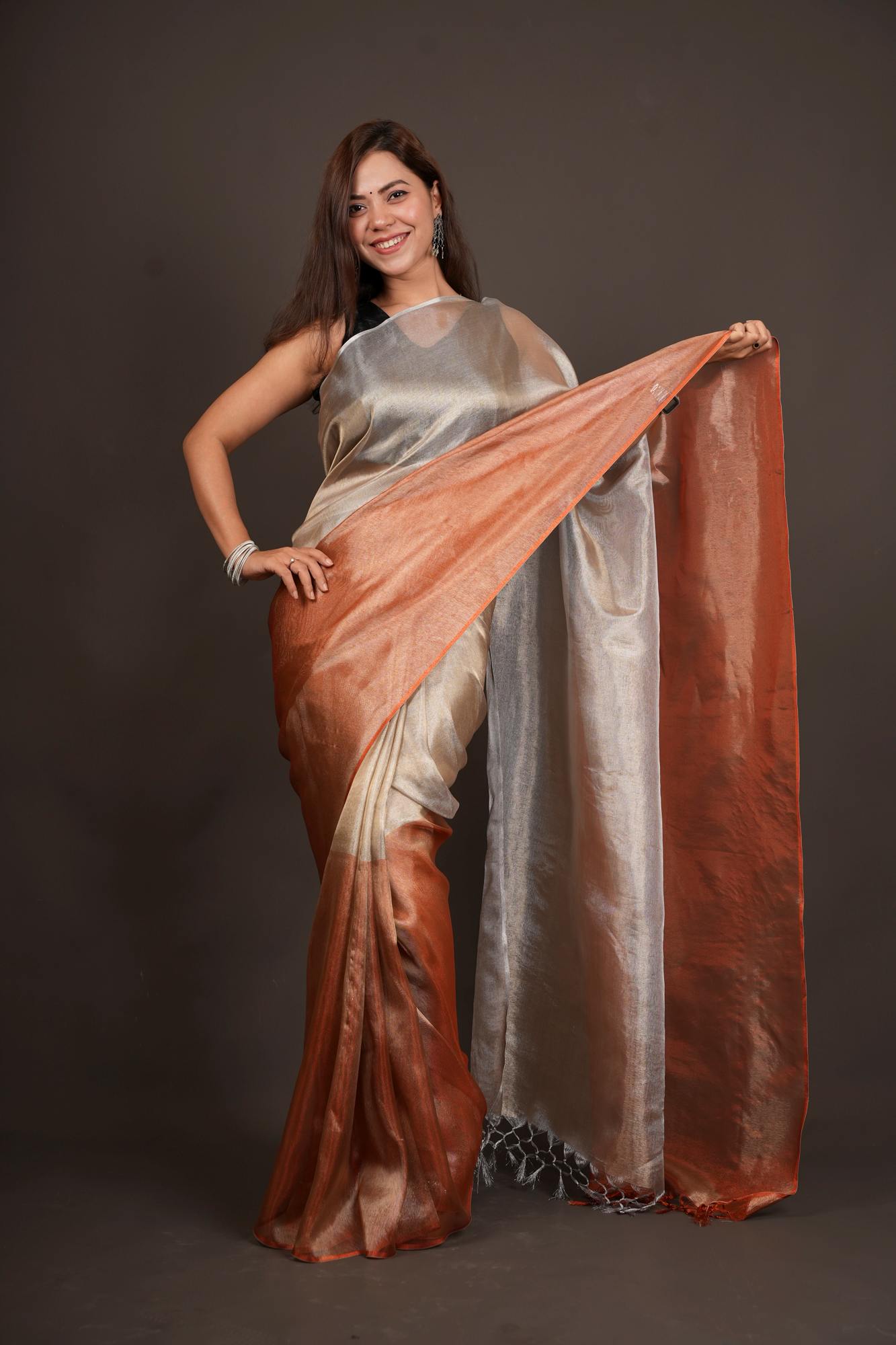 Dual Tone greyish orange sunset tissue silk prestitched saree