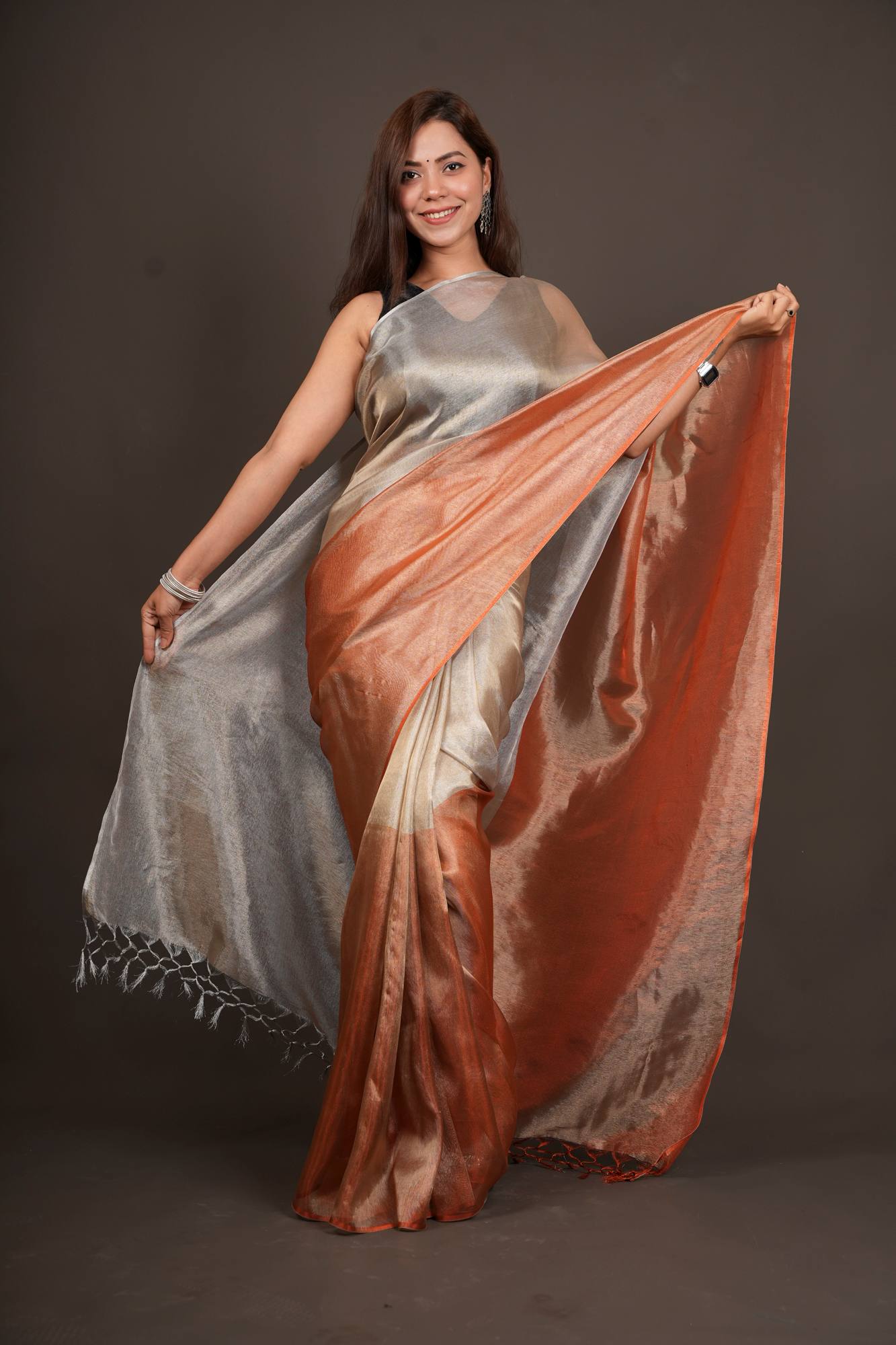 Dual Tone greyish orange sunset tissue silk prestitched saree