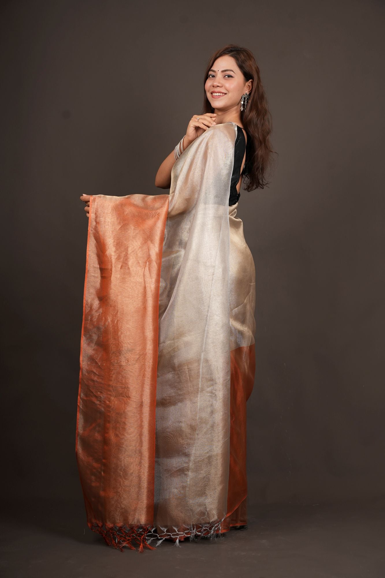 Dual Tone greyish orange sunset tissue silk prestitched saree